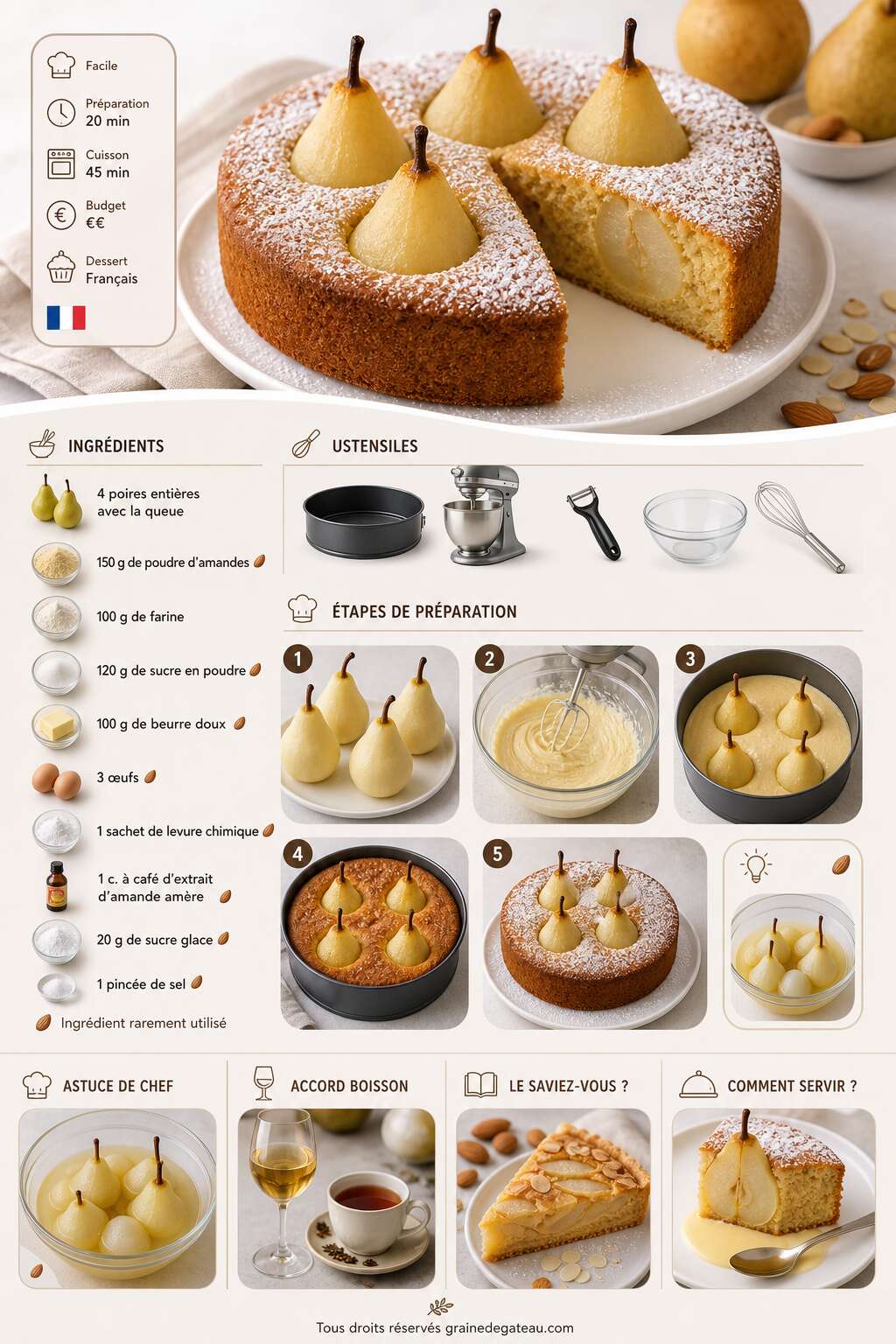 Fiche recette Recette de g&acirc;teau aux poires enti&egrave;res et aux amandes