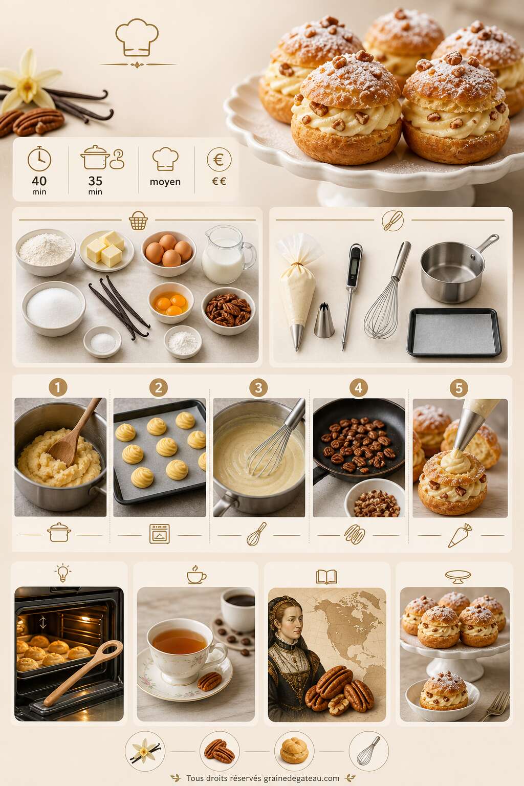 Fiche recette Recette de choux à la vanille et noix de pécan Fiche recette Recette de choux à la vanille et noix de pécan