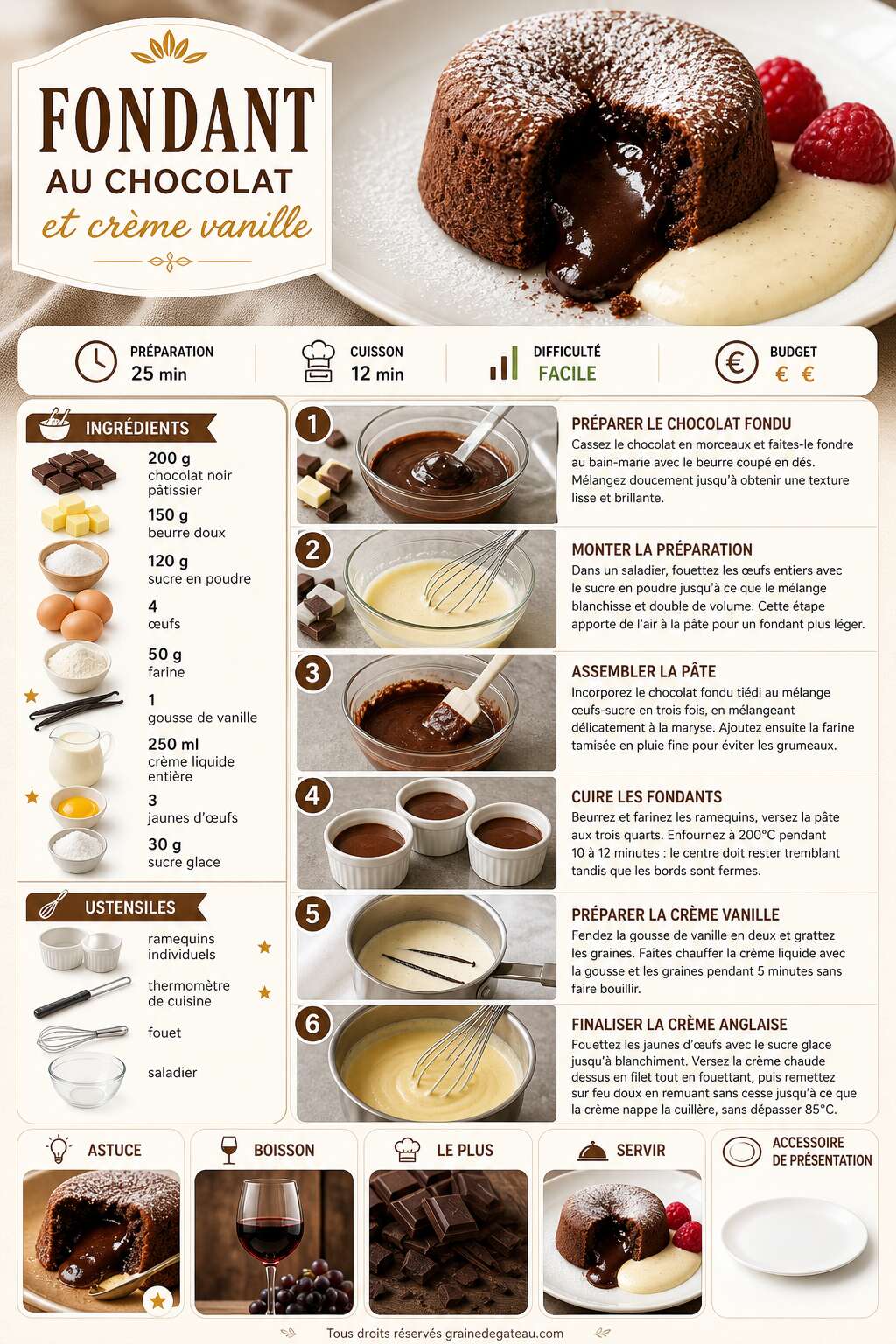Fiche recette Recette du fondant au chocolat et crème vanille Fiche recette Recette du fondant au chocolat et crème vanille