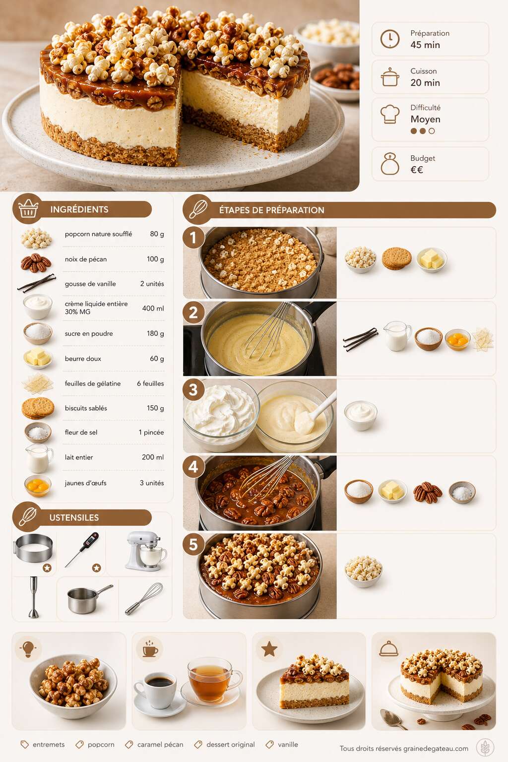 Fiche recette Recette d'entremets popcorn, vanille et caramel pécan Carapop Fiche recette Recette d'entremets popcorn, vanille et caramel pécan Carapop