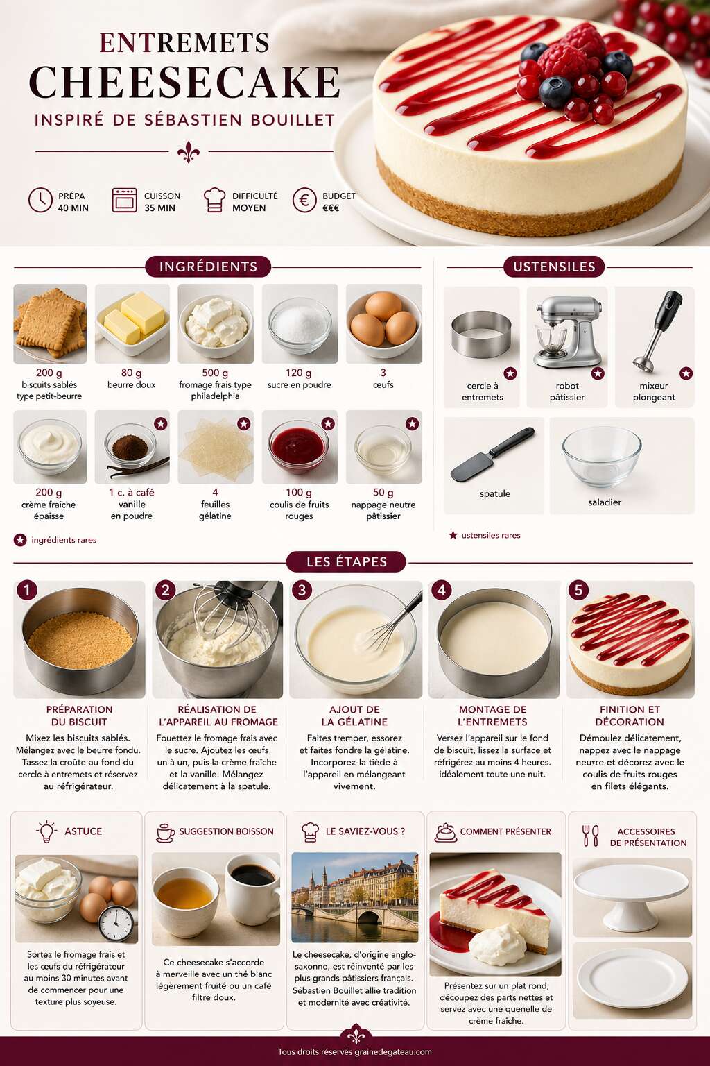 Fiche recette Recette d'entremets cheesecake inspiré de Sébastien Bouillet Fiche recette Recette d'entremets cheesecake inspiré de Sébastien Bouillet