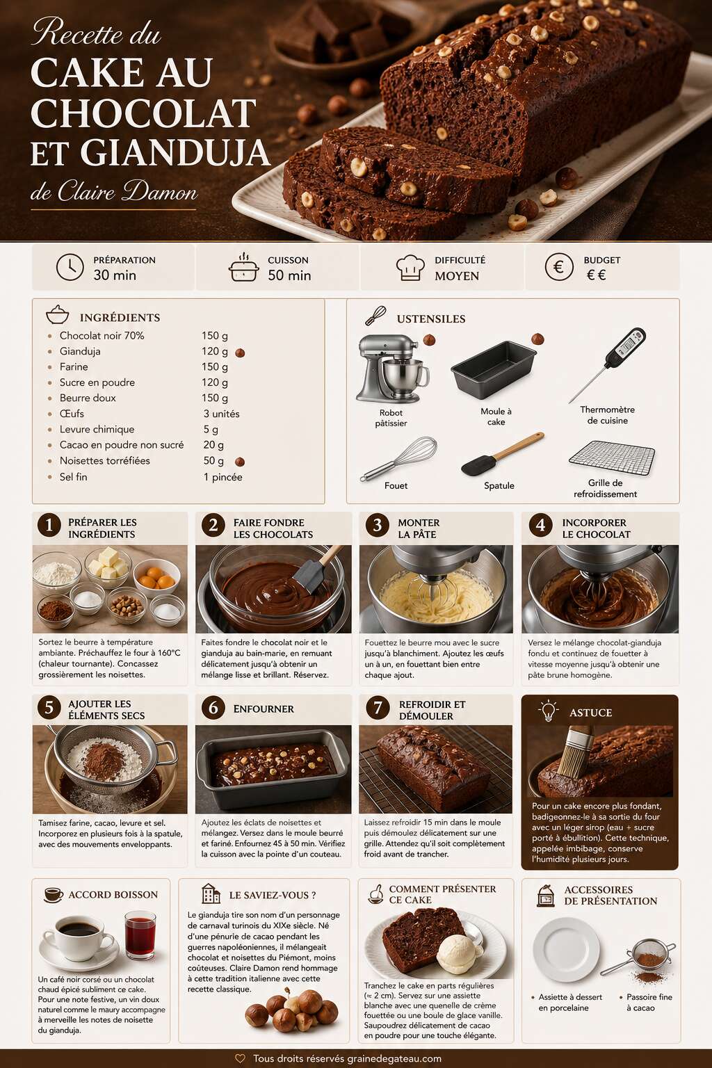 Fiche recette Recette du cake au chocolat et gianduja de Claire Damon Fiche recette Recette du cake au chocolat et gianduja de Claire Damon