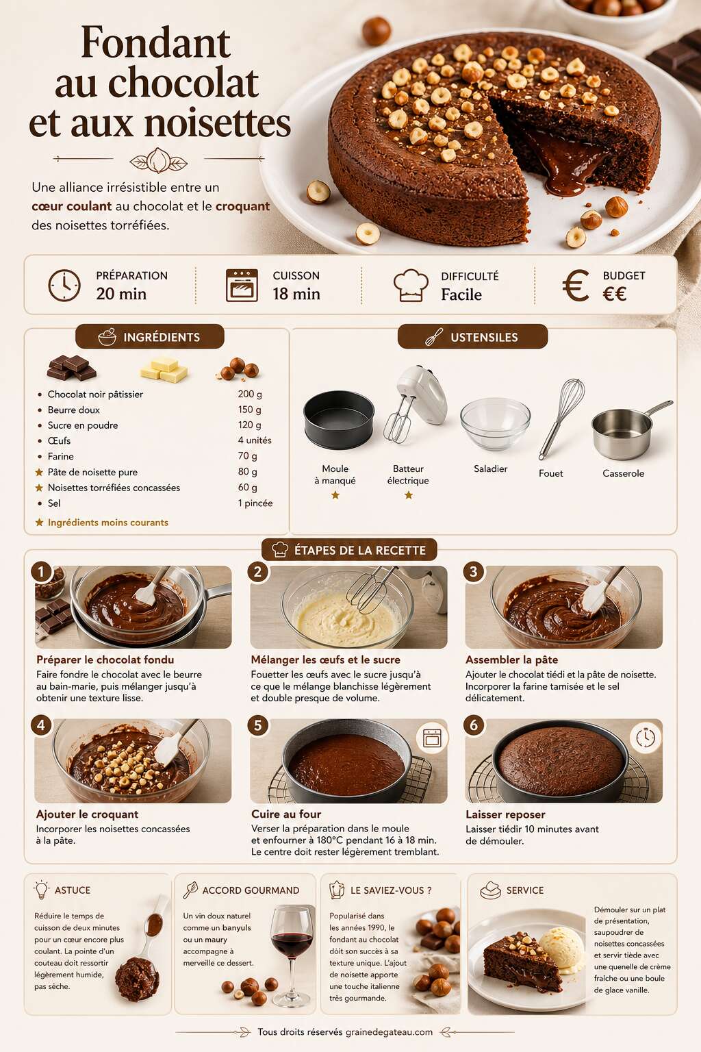 Fiche recette Recette du fondant au chocolat et aux noisettes