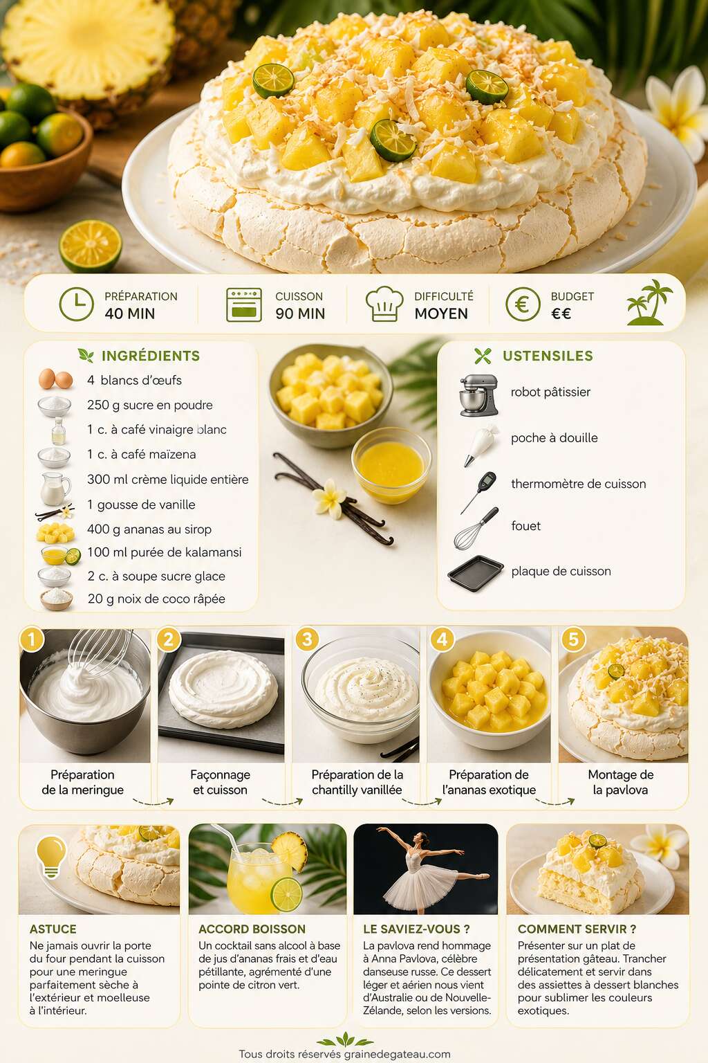 Fiche recette Recette de pavlova exotique à l'ananas, kalamansi et vanille Fiche recette Recette de pavlova exotique à l'ananas, kalamansi et vanille