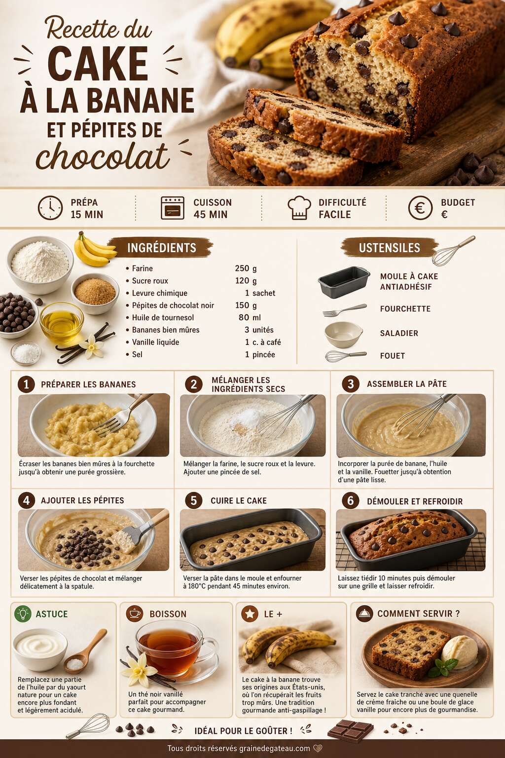 Fiche recette Recette du cake à la banane et pépites de chocolat Fiche recette Recette du cake à la banane et pépites de chocolat