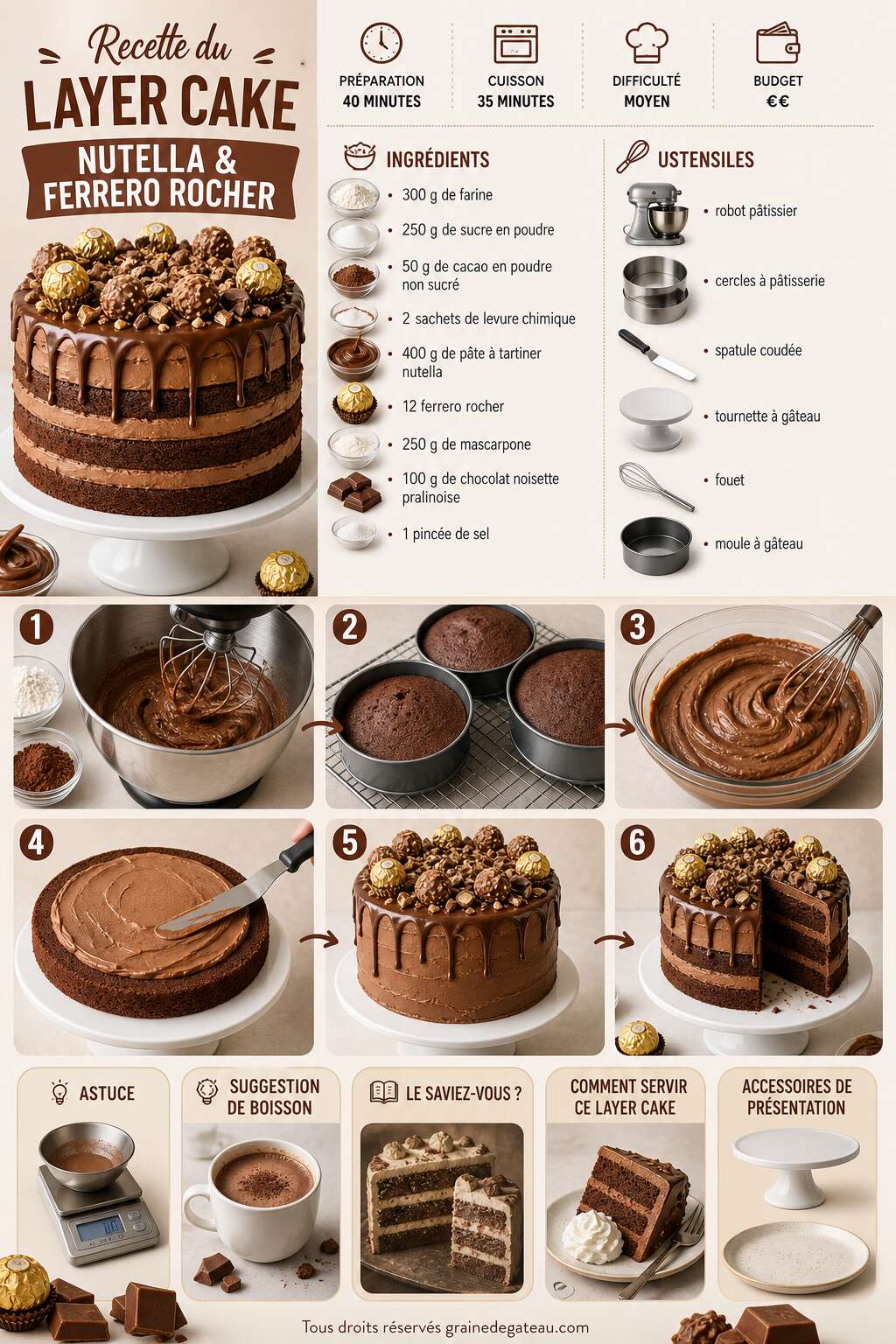 Fiche recette Recette du layer cake Nutella et Ferrero Rocher Fiche recette Recette du layer cake Nutella et Ferrero Rocher