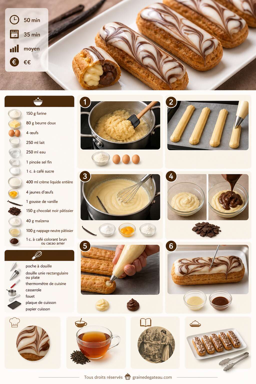 Fiche recette Recette d'éclairs rectangulaires marbrés vanille-chocolat Fiche recette Recette d'éclairs rectangulaires marbrés vanille-chocolat