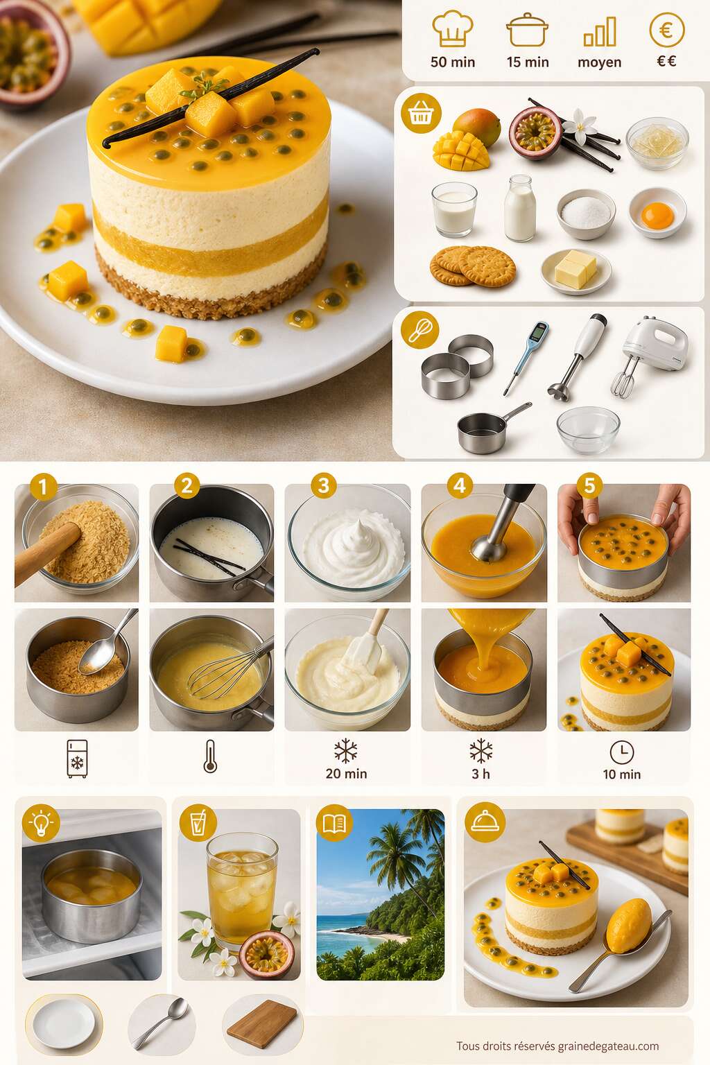 Fiche recette Recette d'entremets individuels exotiques vanille, mangue et passion Fiche recette Recette d'entremets individuels exotiques vanille, mangue et passion