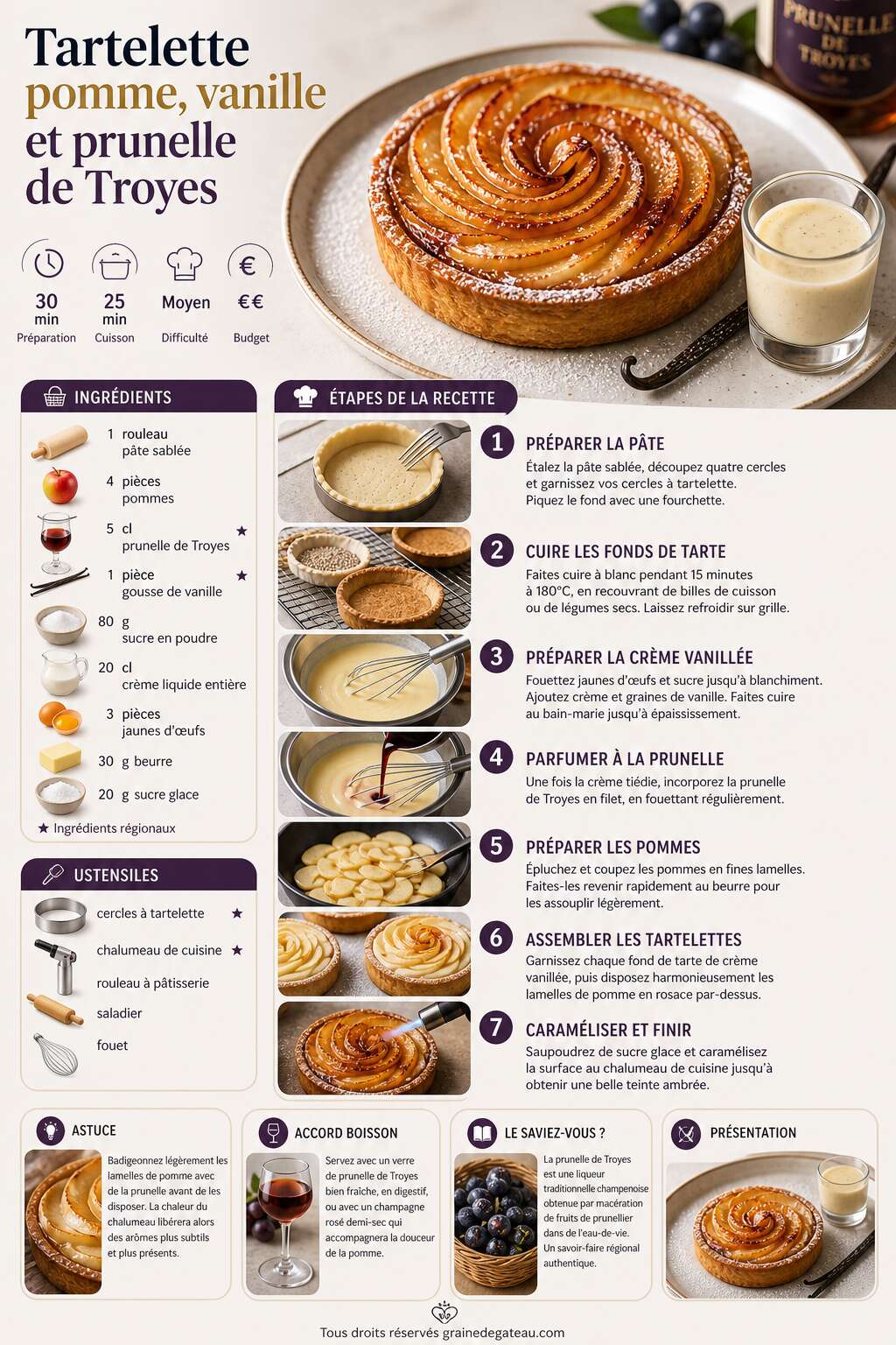 Fiche recette Recette de tartelette pomme, vanille et prunelle de Troyes Fiche recette Recette de tartelette pomme, vanille et prunelle de Troyes
