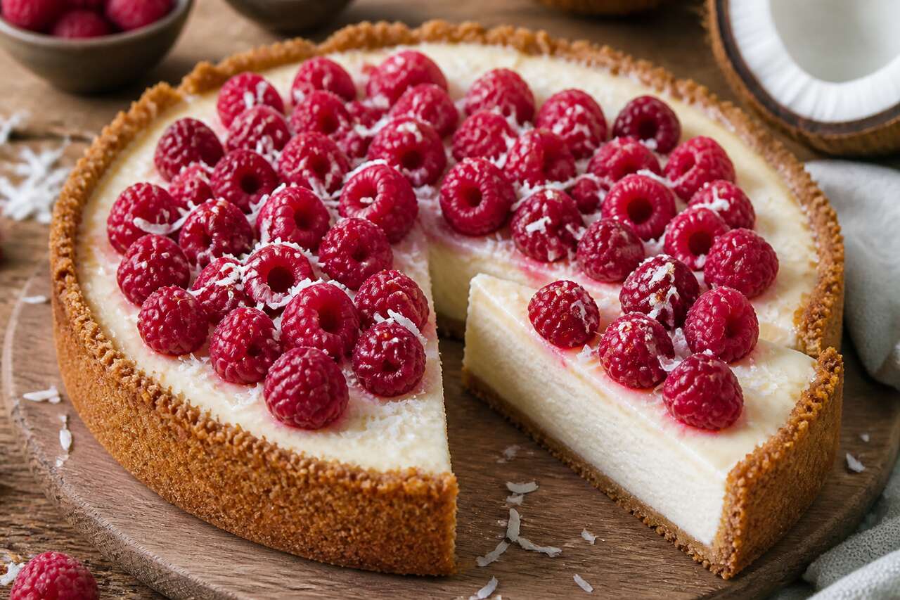 Recette de tarte cheesecake à la noix de coco et aux framboises
