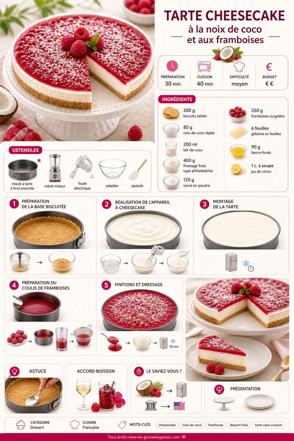 Fiche recette Recette de tarte cheesecake à la noix de coco et aux framboises Fiche recette Recette de tarte cheesecake à la noix de coco et aux framboises