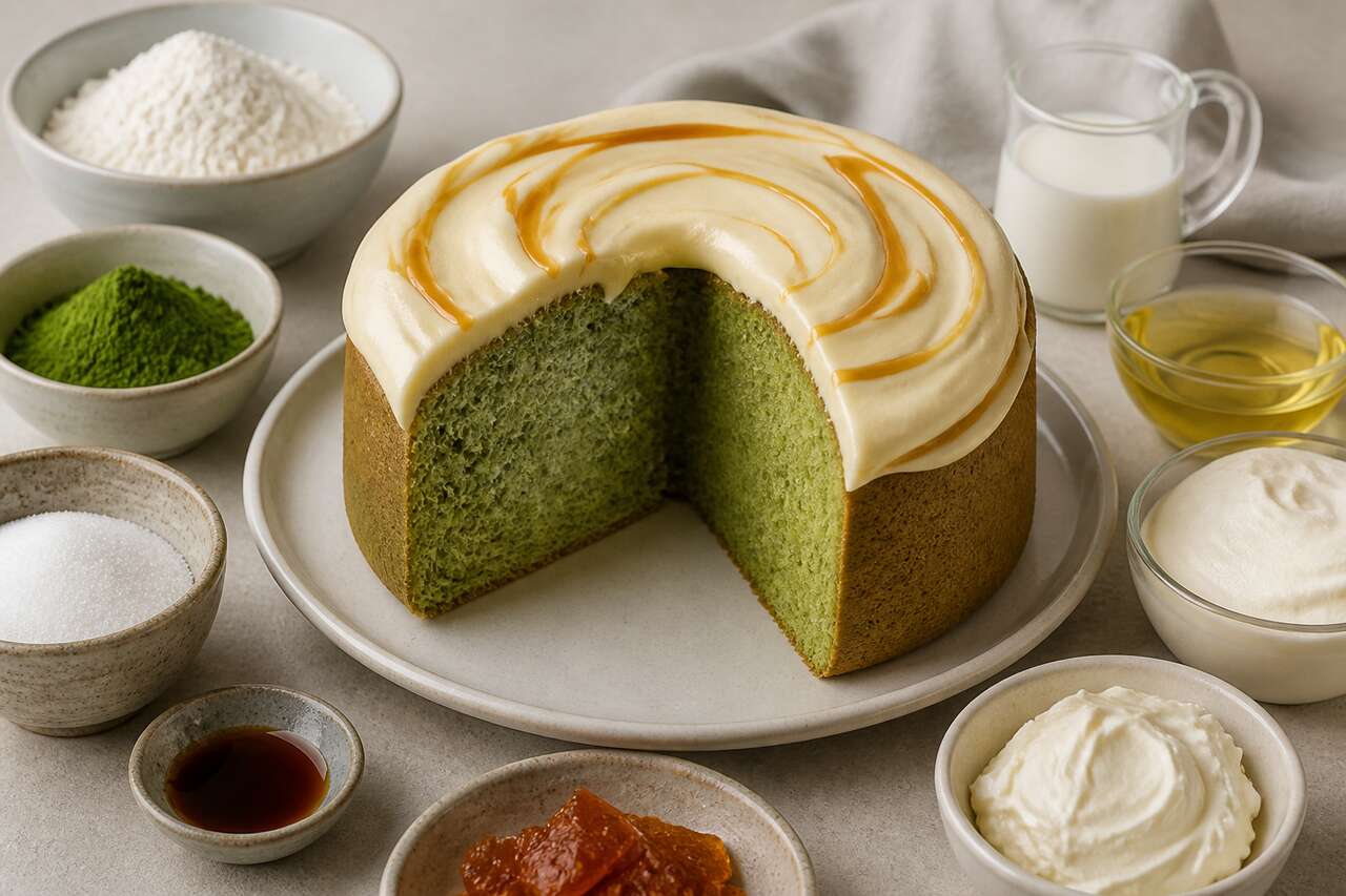 Recette du chiffon cake au thé matcha et sa crème vanille caramel