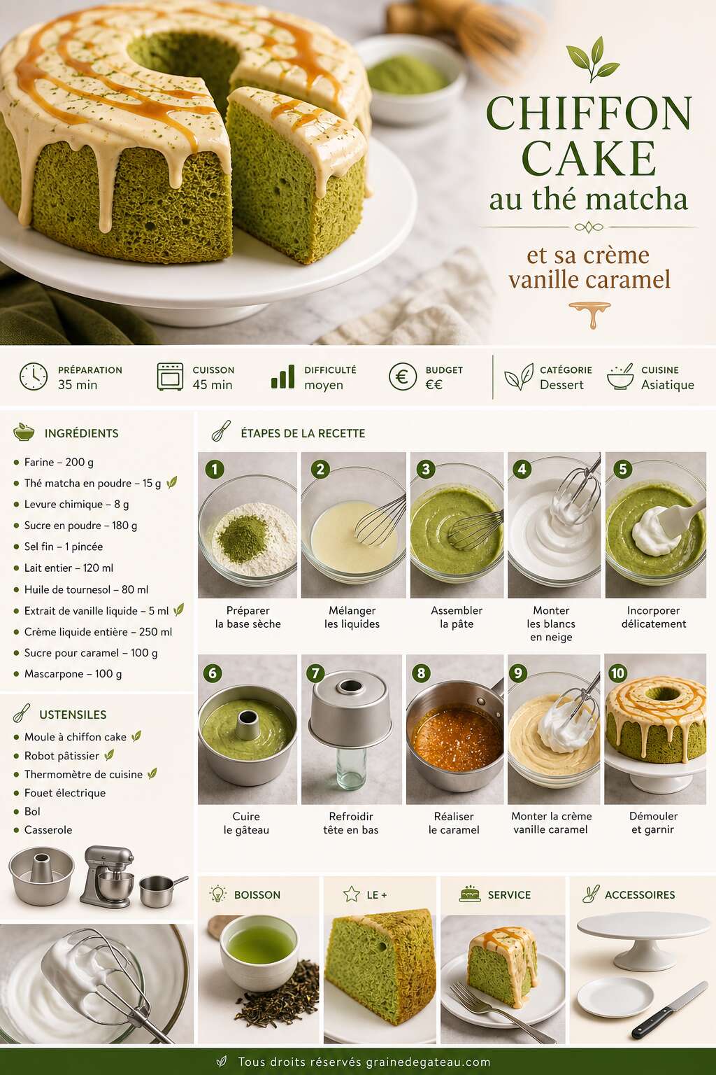 Fiche recette Recette du chiffon cake au th&eacute; matcha et sa cr&egrave;me vanille caramel