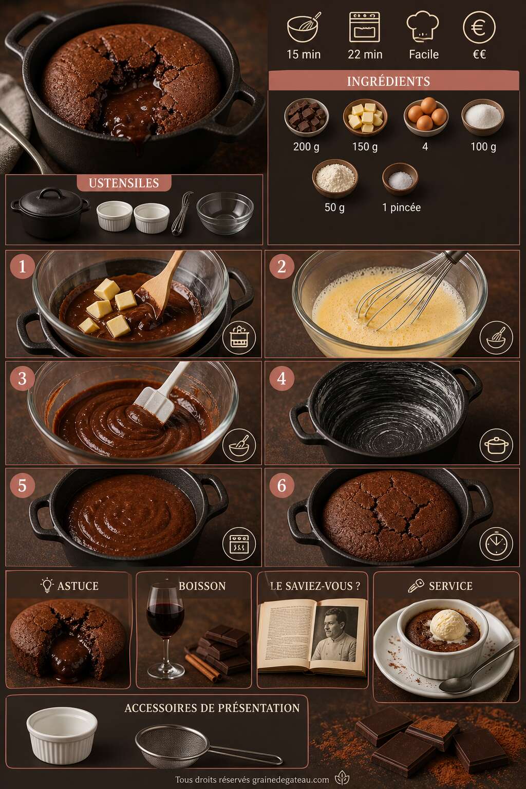 Fiche recette Recette du moelleux au chocolat au c&oelig;ur coulant en cocotte