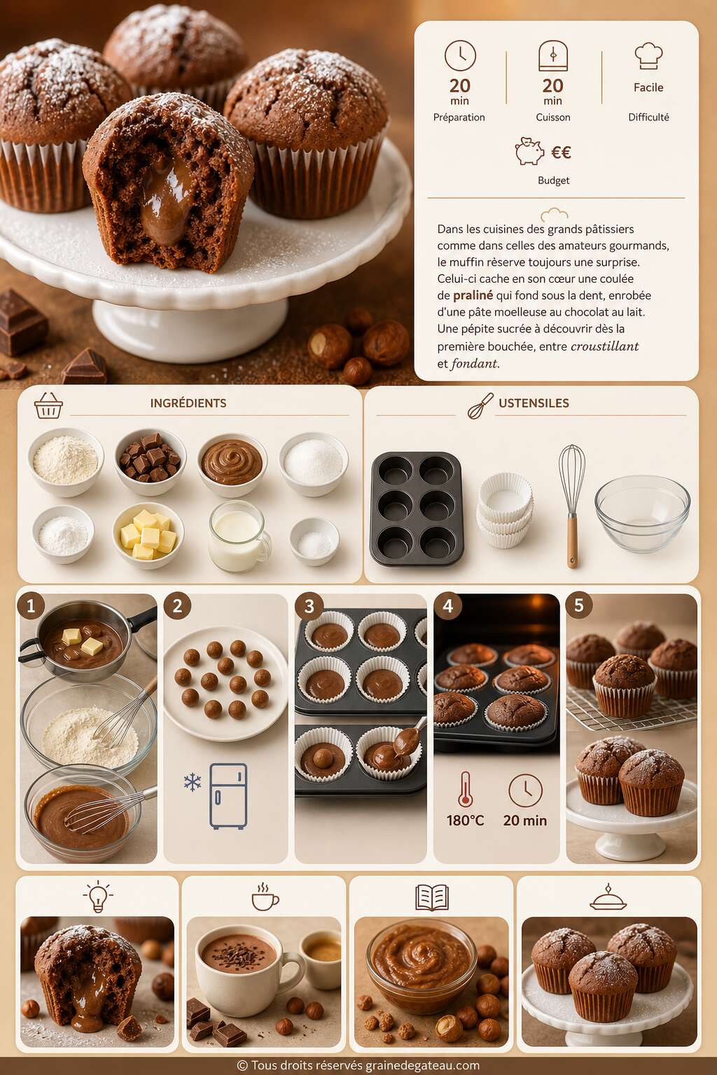 Fiche recette Recette de muffins au chocolat au lait cœur praliné Fiche recette Recette de muffins au chocolat au lait cœur praliné