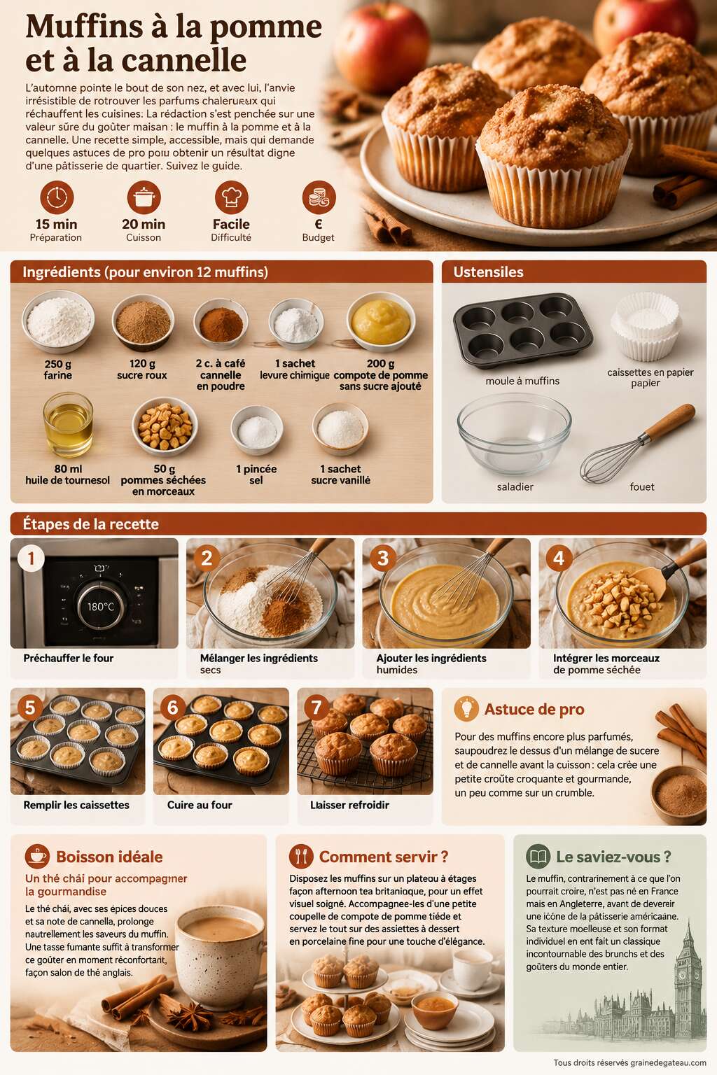 Fiche recette Recette de muffins à la pomme et à la cannelle Fiche recette Recette de muffins à la pomme et à la cannelle
