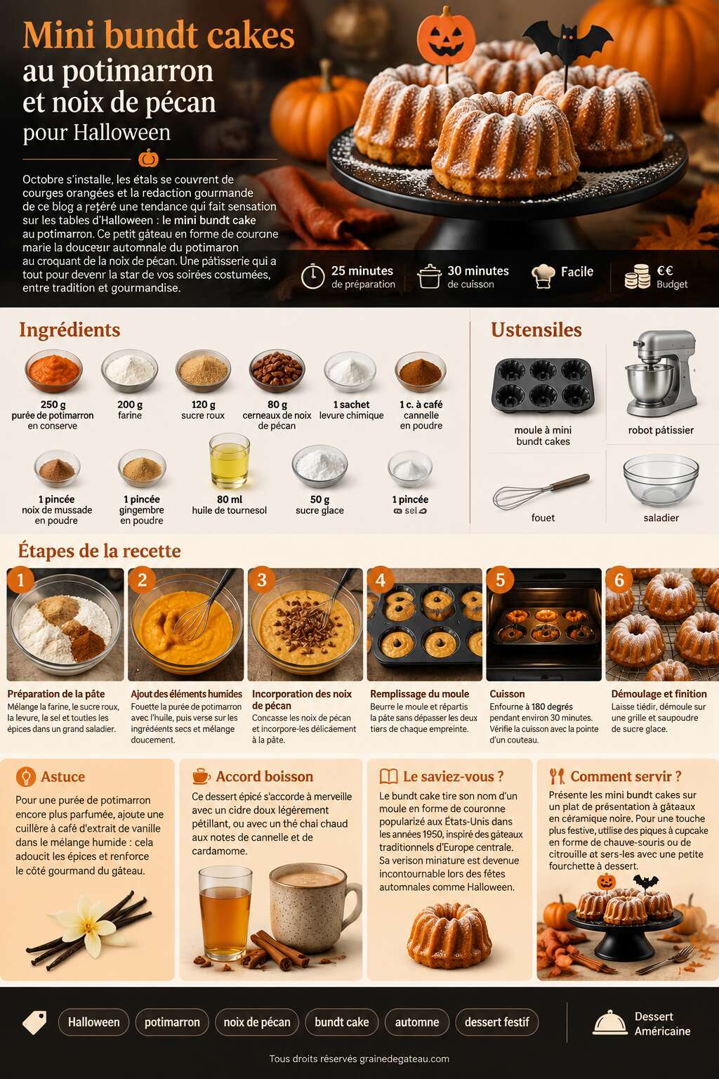 Fiche recette Recette de mini bundt cakes au potimarron et noix de pécan pour Halloween Fiche recette Recette de mini bundt cakes au potimarron et noix de pécan pour Halloween