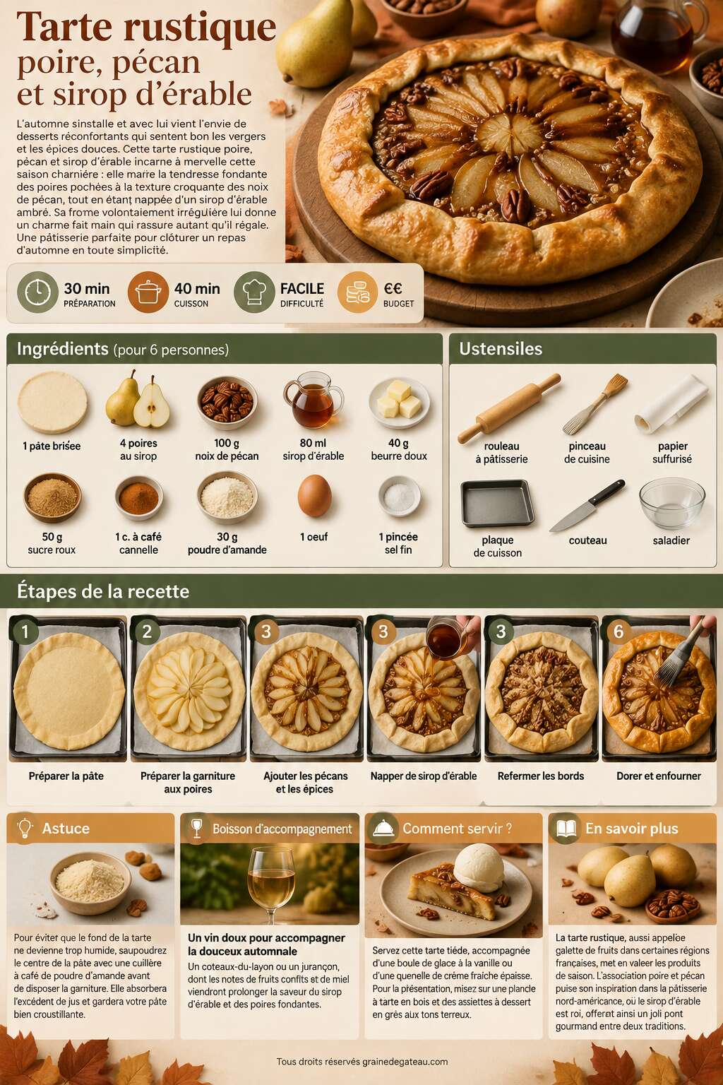 Fiche recette Recette de tarte rustique poire, pécan et sirop d'érable Fiche recette Recette de tarte rustique poire, pécan et sirop d'érable