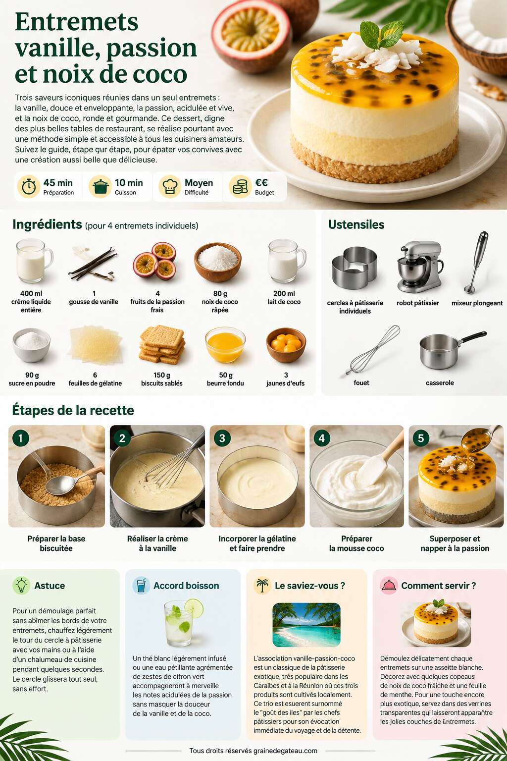 Fiche recette Recette d'entremets vanille, passion et noix de coco Fiche recette Recette d'entremets vanille, passion et noix de coco