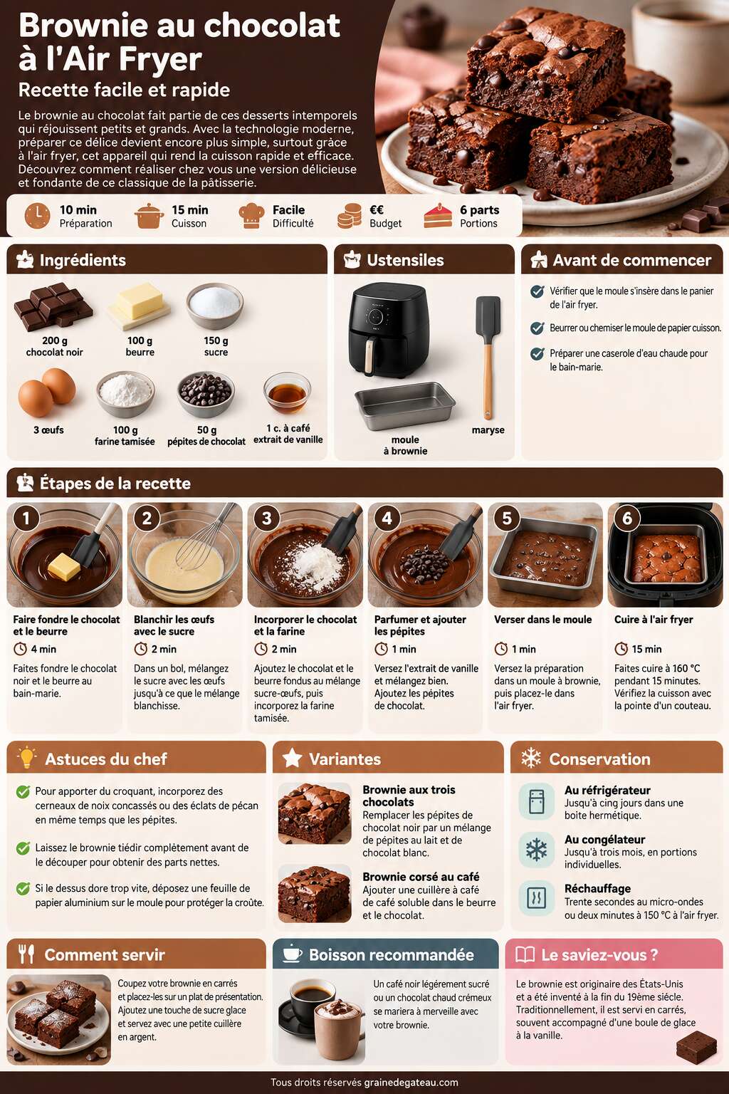 Fiche recette Brownie au chocolat à l'Air Fryer : recette facile et rapide Fiche recette Brownie au chocolat à l'Air Fryer : recette facile et rapide