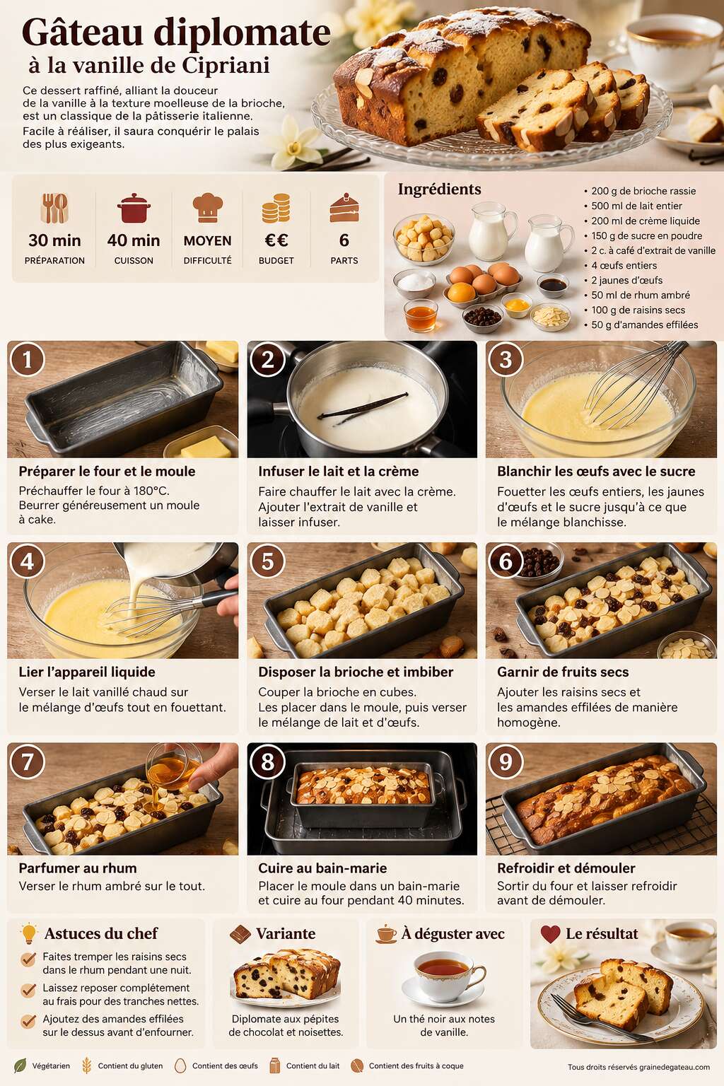 Fiche recette Recette du gâteau diplomate à la vanille de Cipriani Fiche recette Recette du gâteau diplomate à la vanille de Cipriani