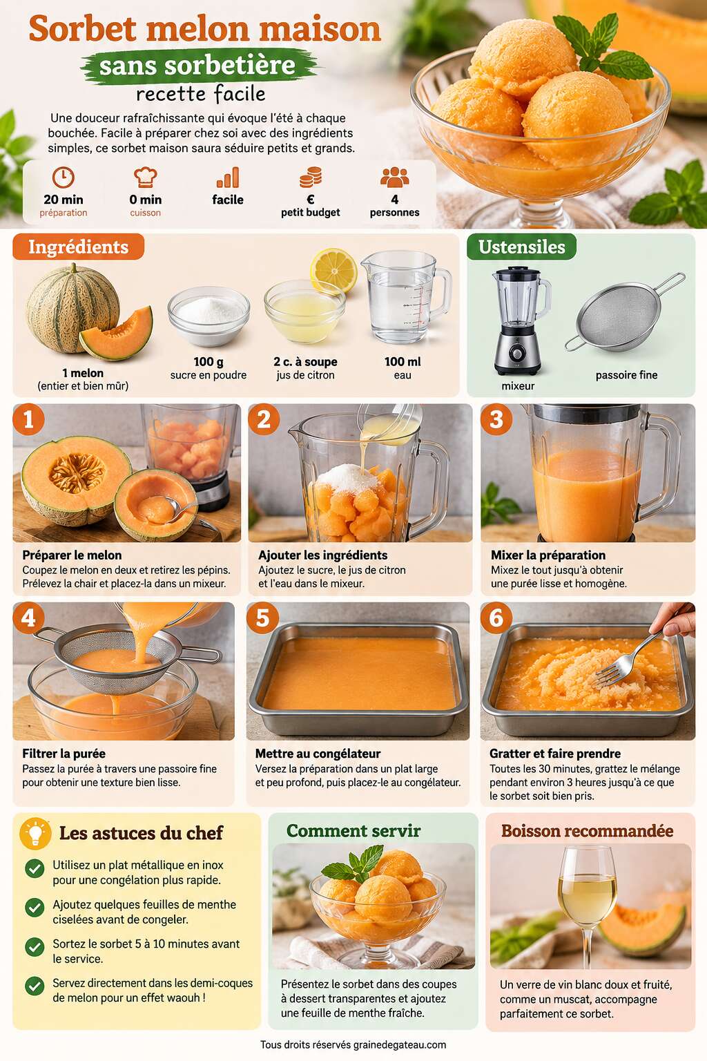 Fiche recette Sorbet melon maison sans sorbetière : recette facile Fiche recette Sorbet melon maison sans sorbetière : recette facile