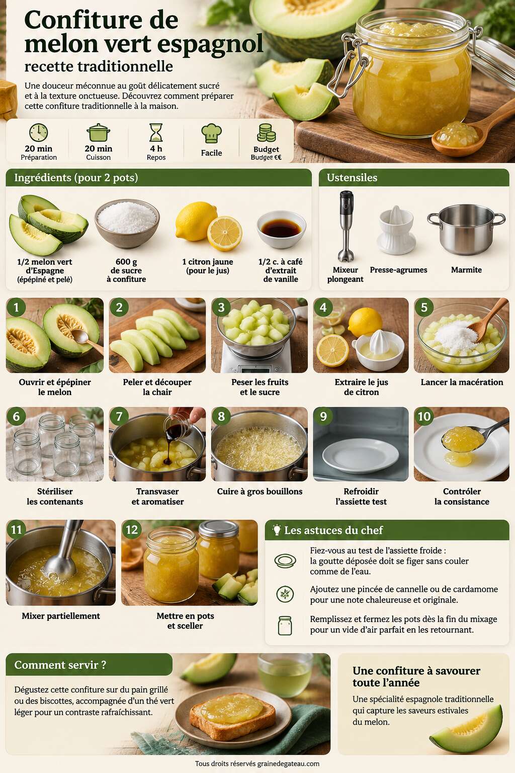 Fiche recette Confiture de melon vert espagnol : recette traditionnelle Fiche recette Confiture de melon vert espagnol : recette traditionnelle
