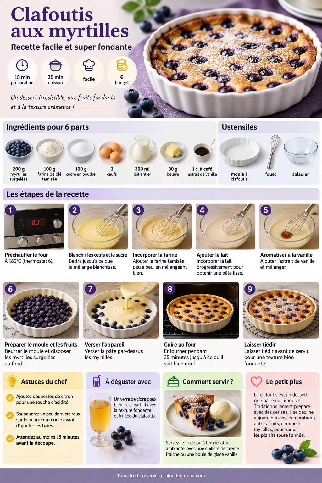 Fiche recette Clafoutis aux myrtilles : recette facile et super fondante