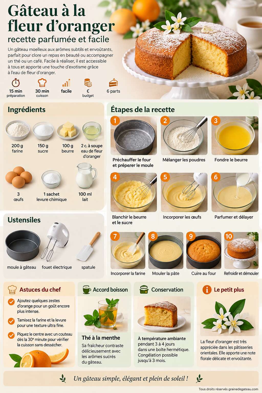 Fiche recette Gâteau à la fleur d'oranger : recette parfumée et facile Fiche recette Gâteau à la fleur d'oranger : recette parfumée et facile
