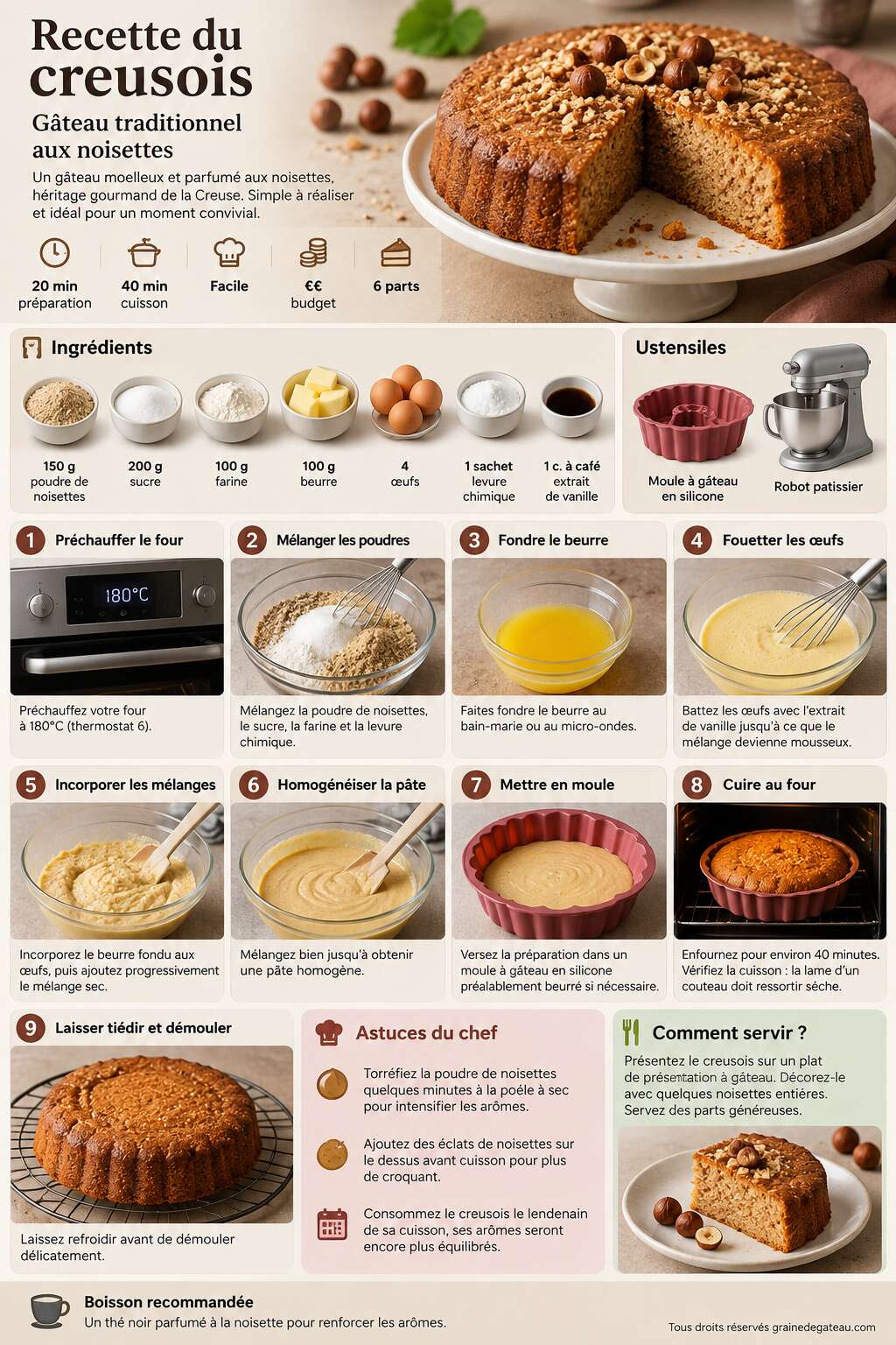 Fiche recette Recette du creusois : gâteau traditionnel aux noisettes Fiche recette Recette du creusois : gâteau traditionnel aux noisettes