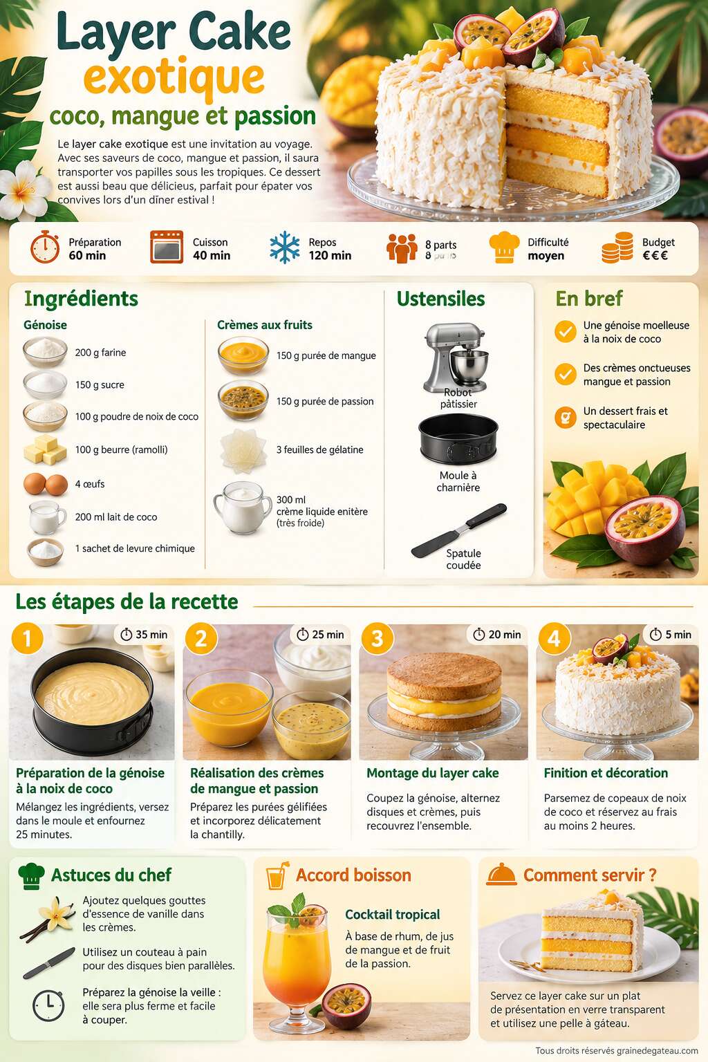 Fiche recette Layer Cake exotique : coco, mangue et passion