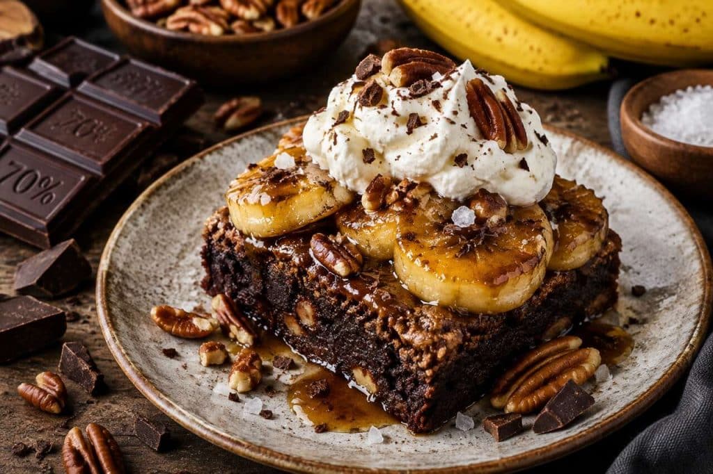 Recette du brownie choco-pécan aux bananes caramélisées et chantilly