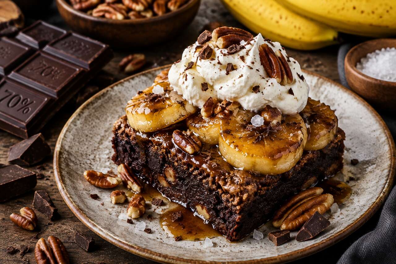 Recette du brownie choco-pécan aux bananes caramélisées et chantilly