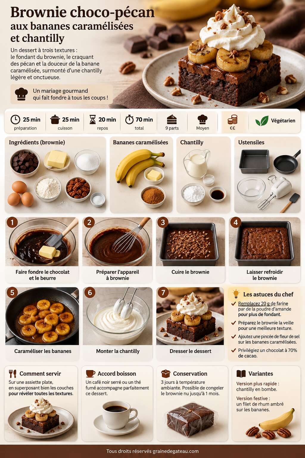 Fiche recette Recette du brownie choco-pécan aux bananes caramélisées et chantilly Fiche recette Recette du brownie choco-pécan aux bananes caramélisées et chantilly