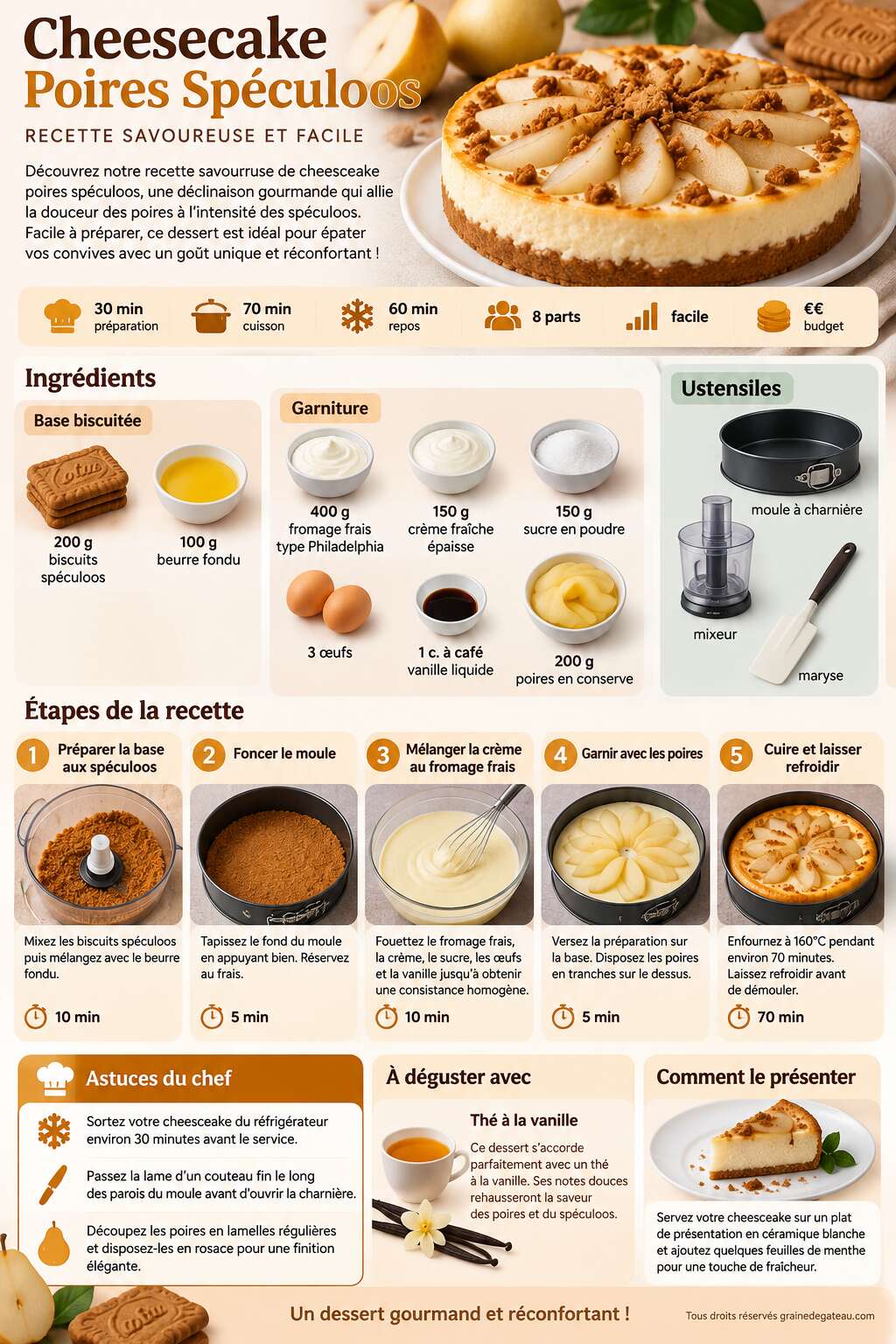 Fiche recette Cheesecake Poires Spéculoos : recette Savoureuse et Facile Fiche recette Cheesecake Poires Spéculoos : recette Savoureuse et Facile