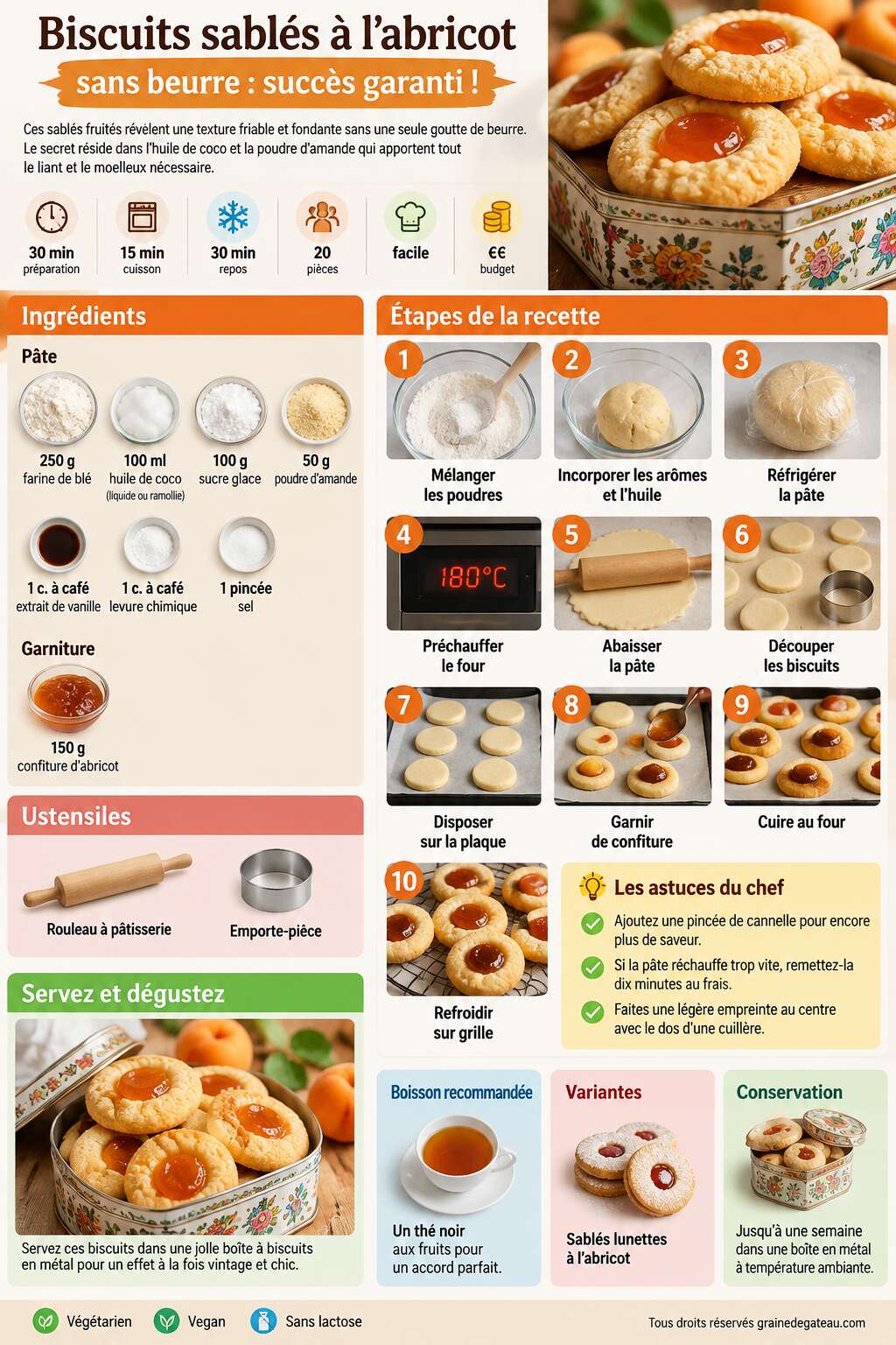 Fiche recette Biscuits sables abricot sans beurre : succès garanti ! Fiche recette Biscuits sables abricot sans beurre : succès garanti !