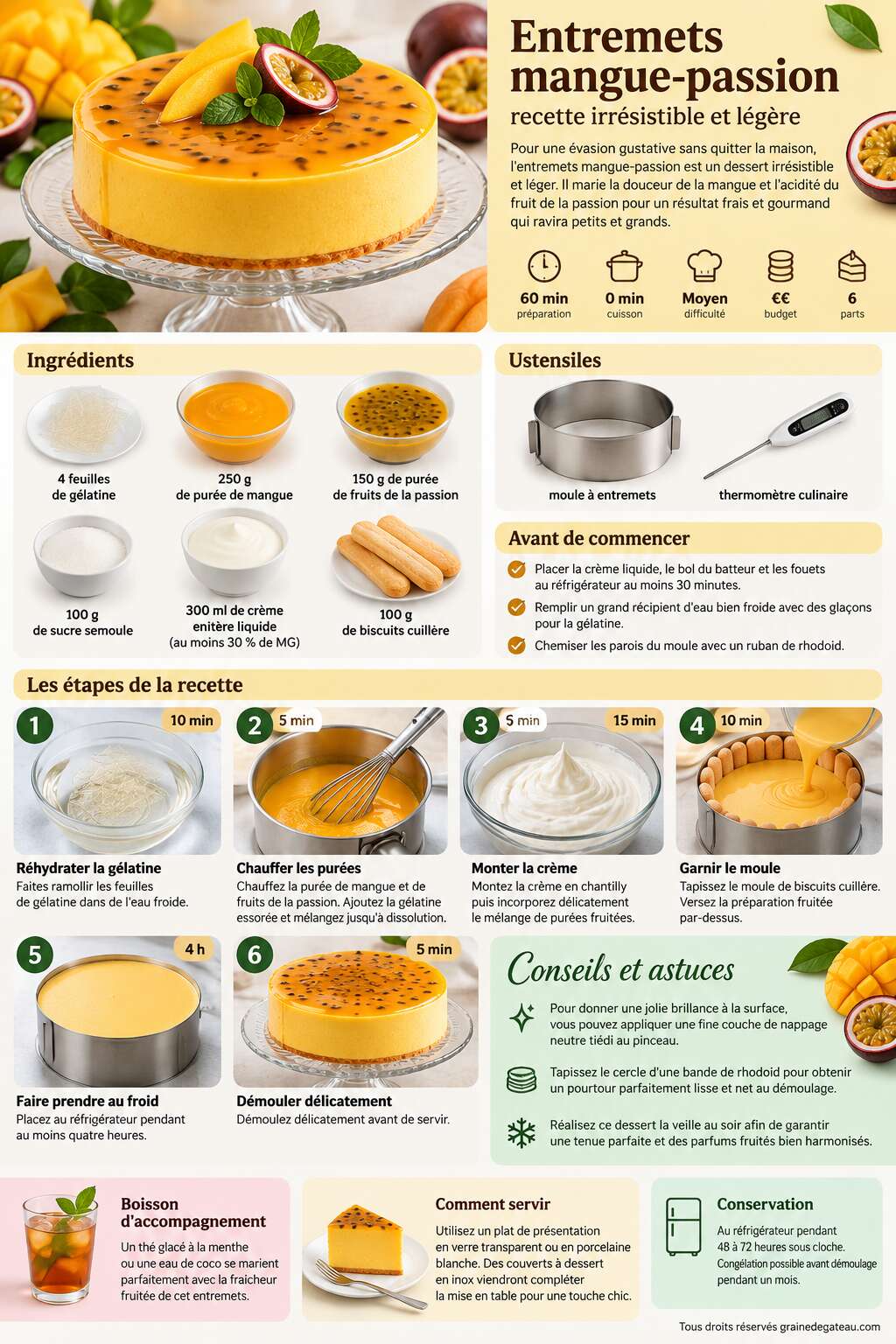 Fiche recette Entremets mangue-passion : recette irrésistible et légère Fiche recette Entremets mangue-passion : recette irrésistible et légère