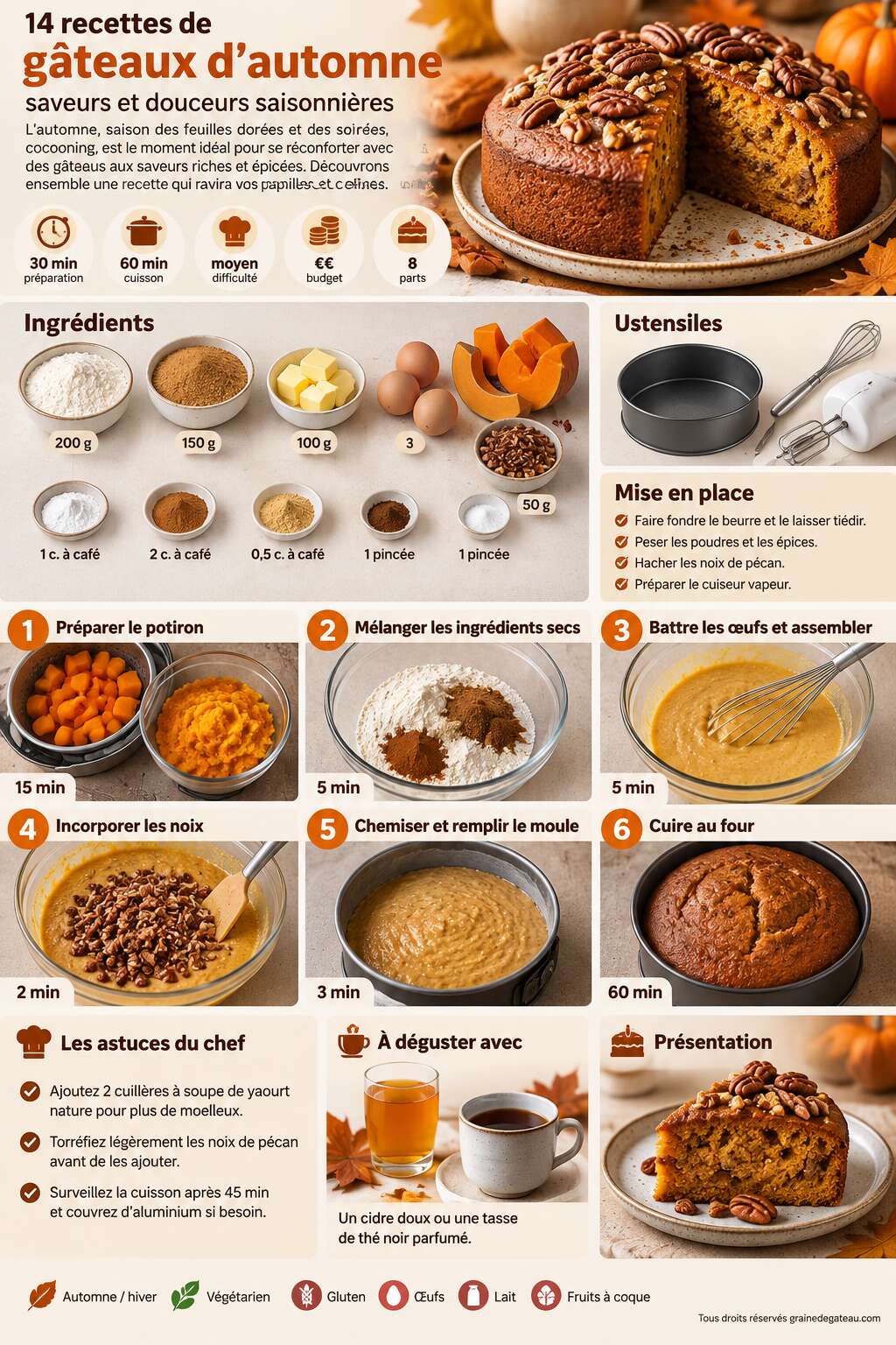 Fiche recette 14 recettes de gâteaux d'automne : saveurs et douceurs saisonnières Fiche recette 14 recettes de gâteaux d'automne : saveurs et douceurs saisonnières