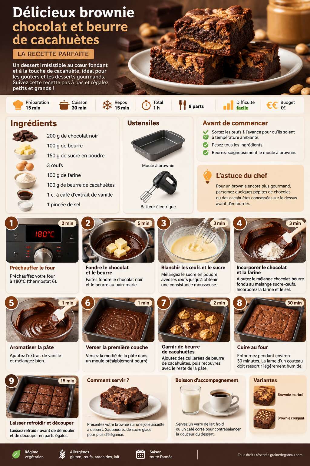 Fiche recette Délicieux brownie chocolat et beurre de cacahuètes : la recette parfaite Fiche recette Délicieux brownie chocolat et beurre de cacahuètes : la recette parfaite