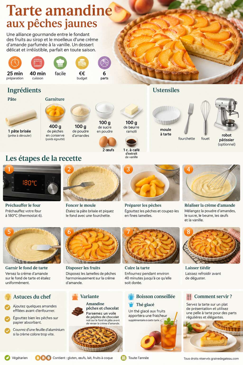 Fiche recette Recette de tarte amandine aux p&ecirc;ches jaunes