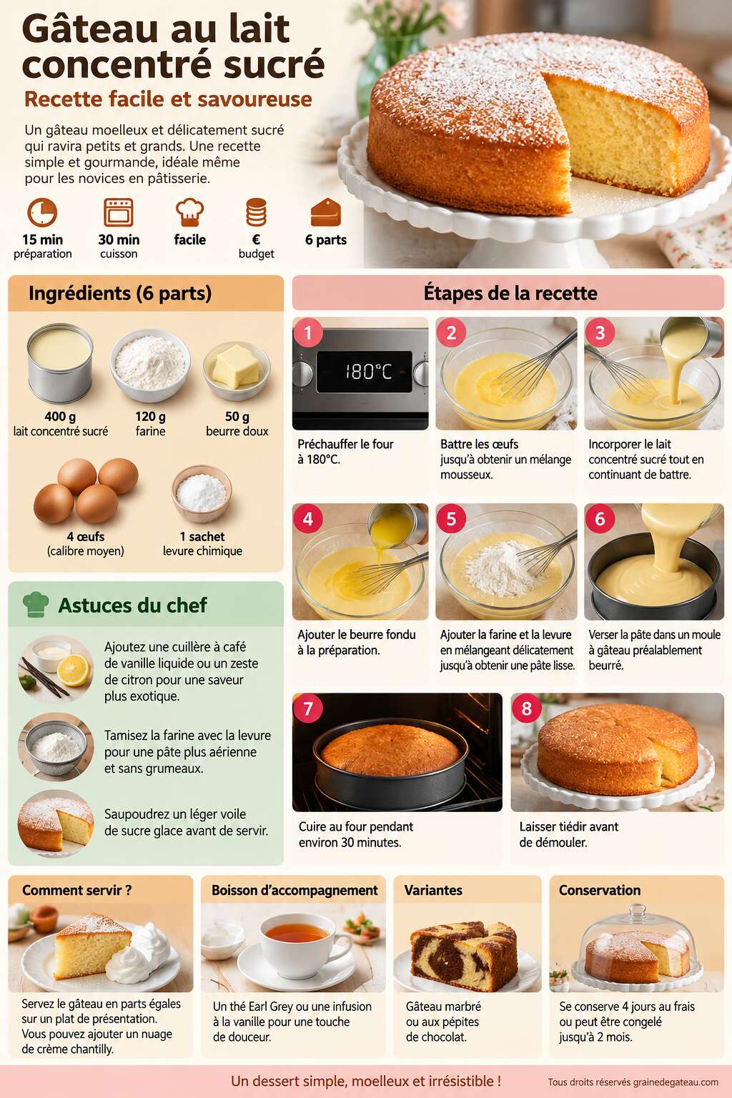Fiche recette G&acirc;teau au lait concentr&eacute; sucr&eacute; : recette facile et savoureuse