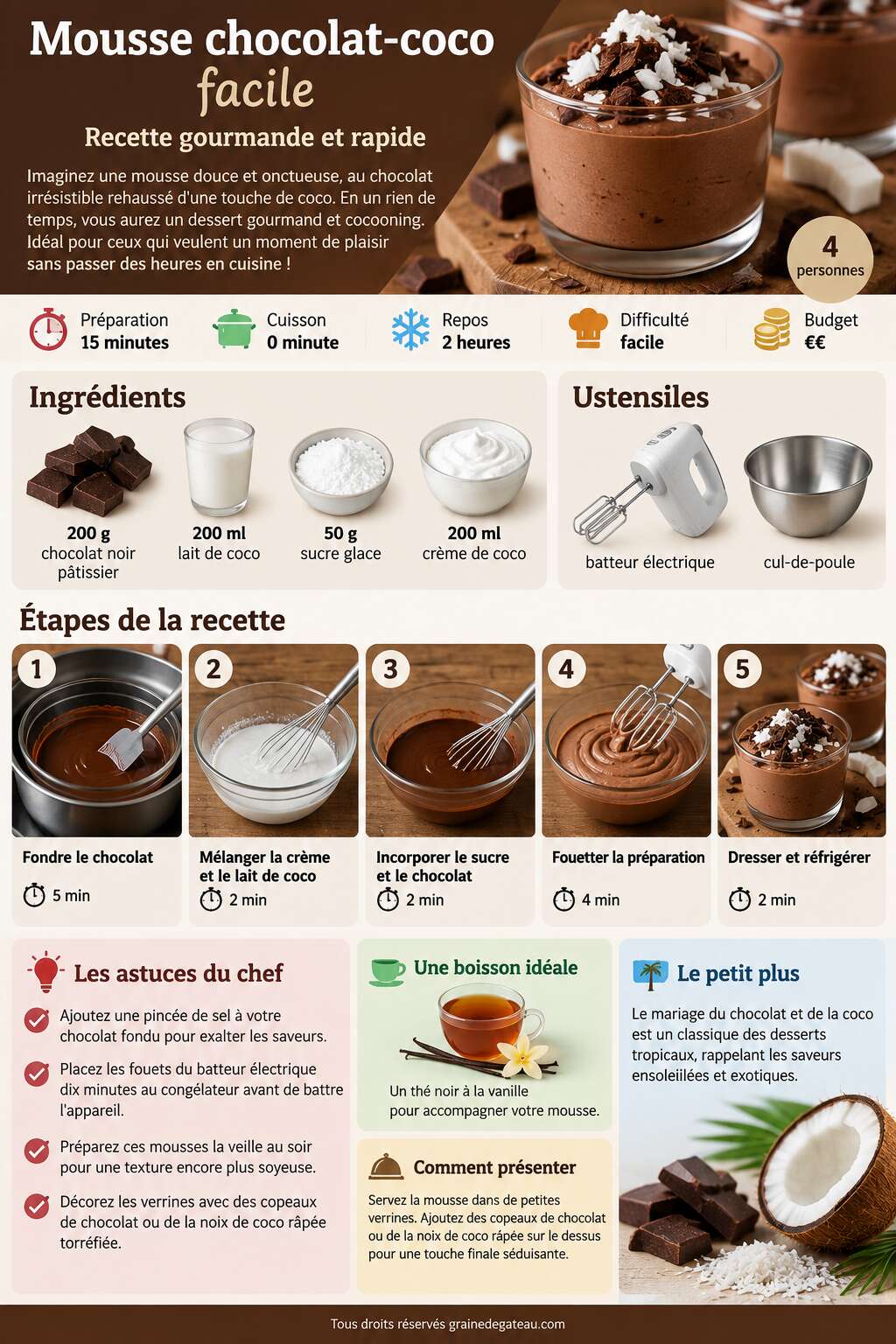 Fiche recette Mousse chocolat-coco facile : recette gourmande et rapide