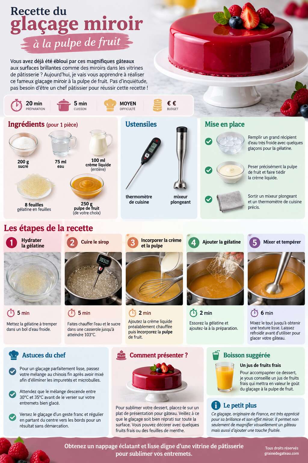 Fiche recette Recette du glaçage miroir à la pulpe de fruit Fiche recette Recette du glaçage miroir à la pulpe de fruit