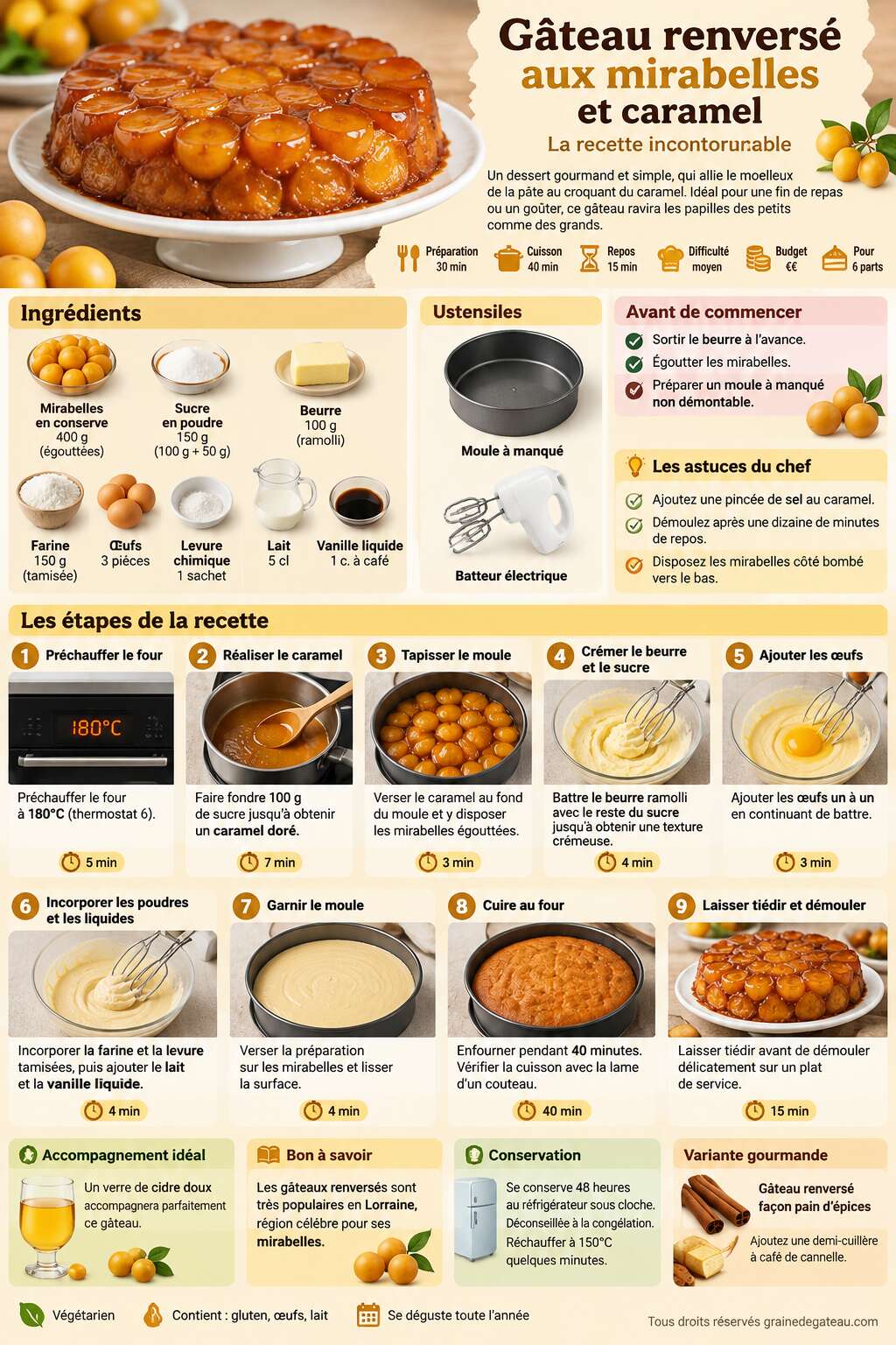Fiche recette G&acirc;teau renvers&eacute; aux mirabelles et caramel : la recette incontournable