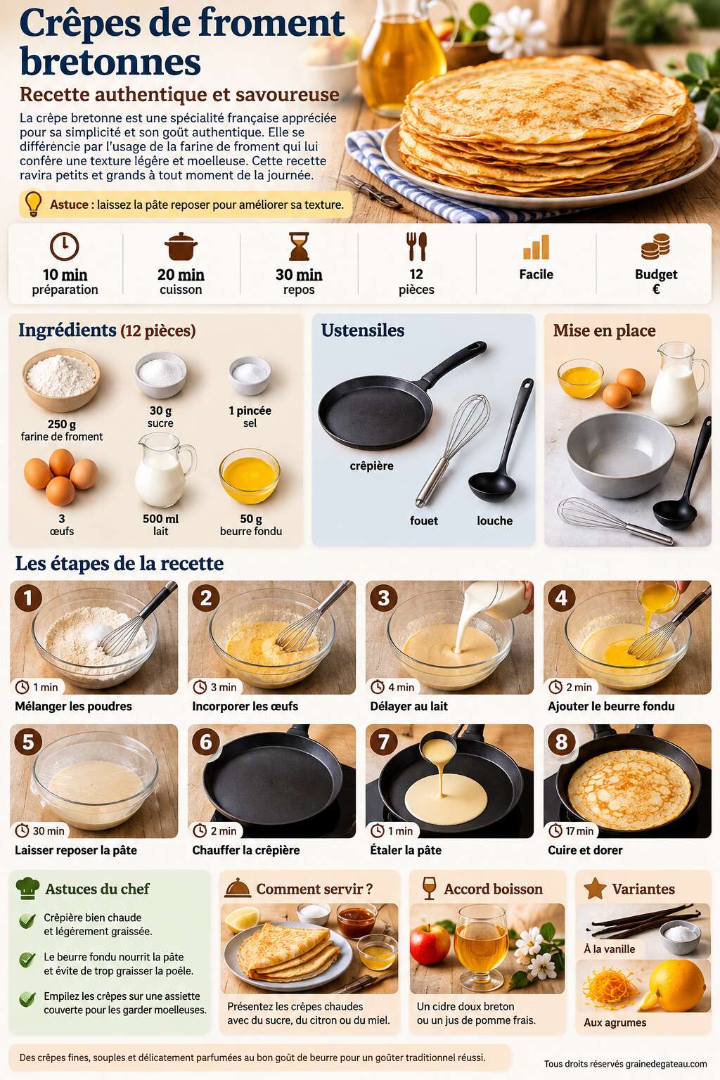 Fiche recette Cr&ecirc;pes de froment bretonnes : recette authentique et savoureuse