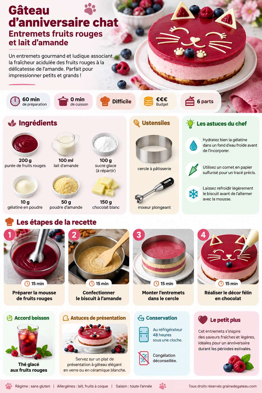 Fiche recette G&acirc;teau d'anniversaire chat : entremets fruits rouges et lait d'amande