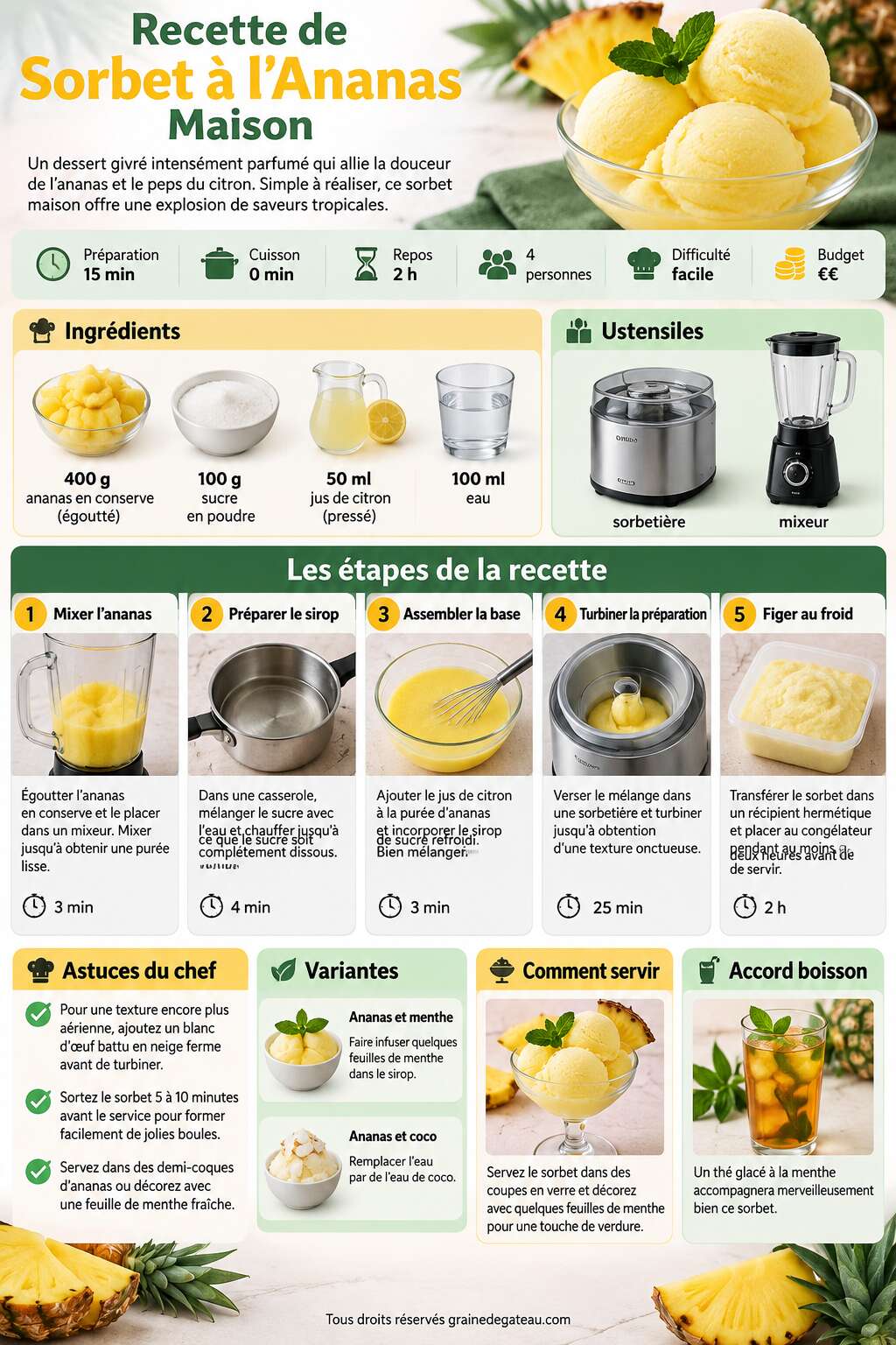 Fiche recette Recette de Sorbet à l'Ananas Maison Fiche recette Recette de Sorbet à l'Ananas Maison