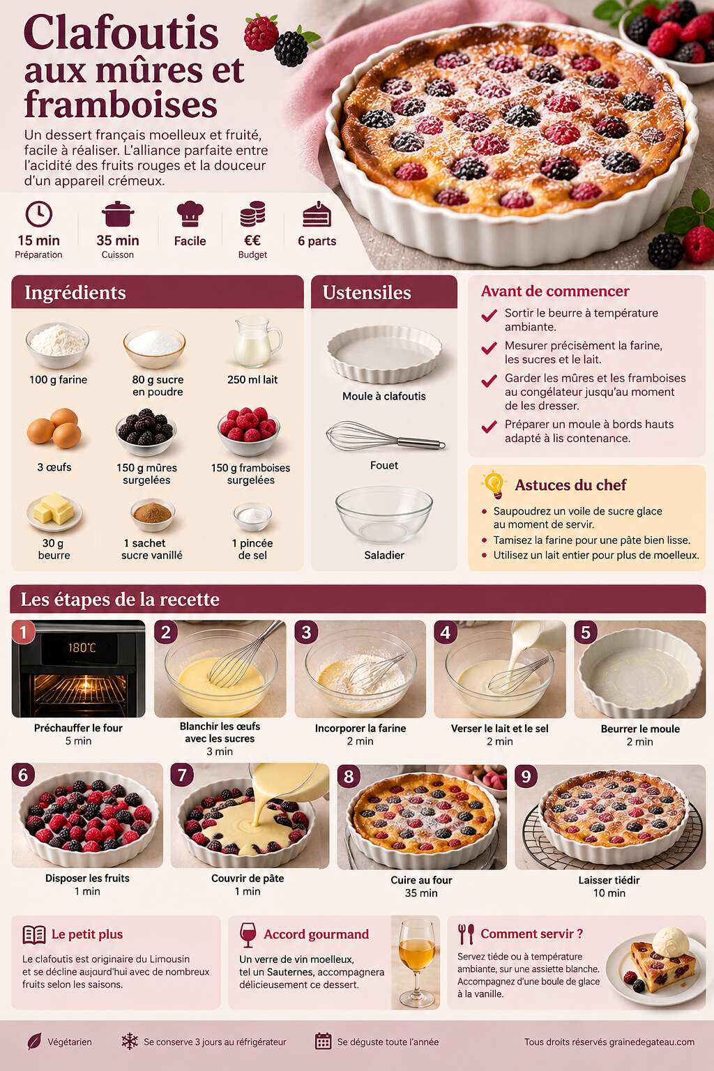 Fiche recette Recette de clafoutis aux mûres et framboises Fiche recette Recette de clafoutis aux mûres et framboises