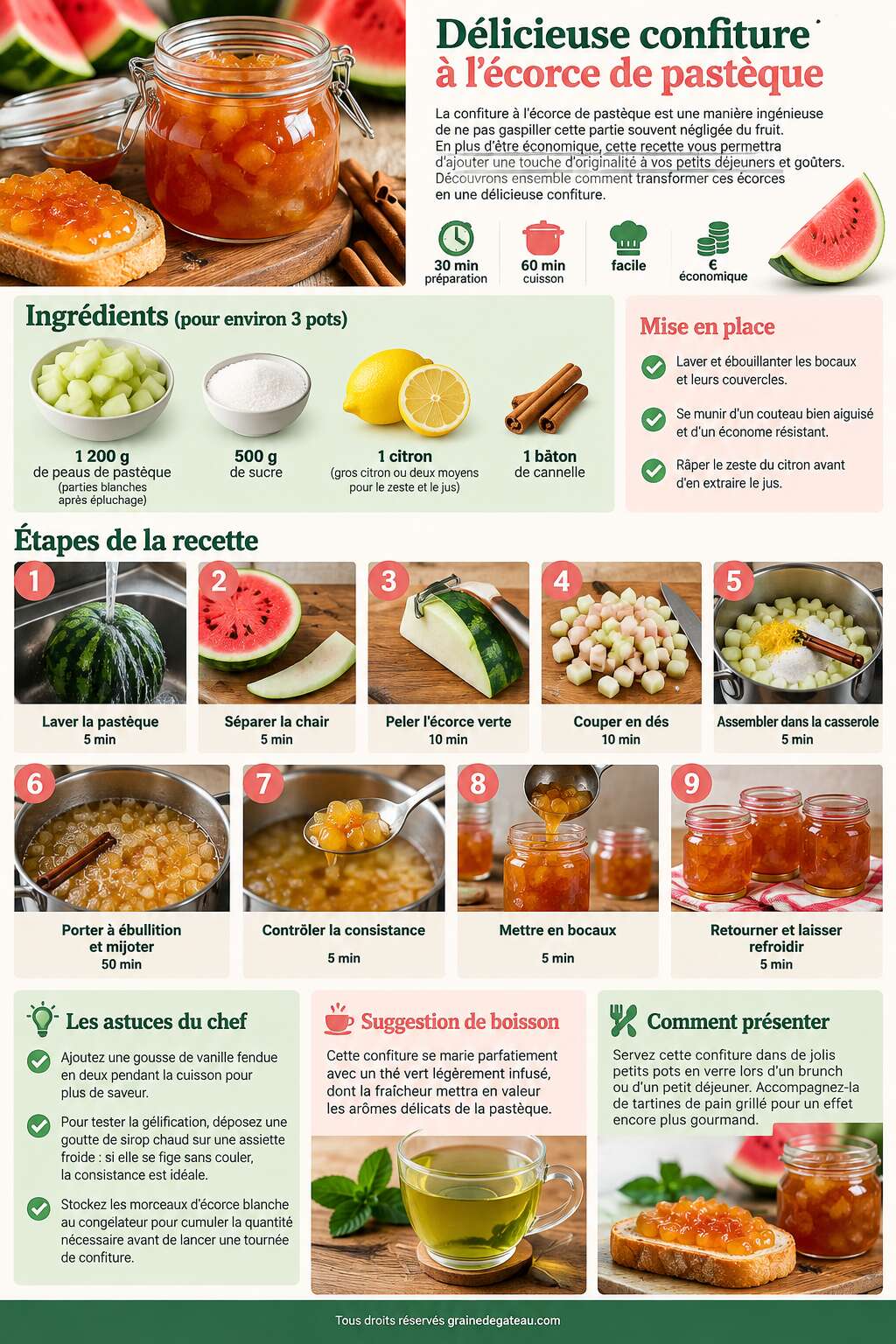 Fiche recette Délicieuse confiture à l'écorce de pastèque Fiche recette Délicieuse confiture à l'écorce de pastèque