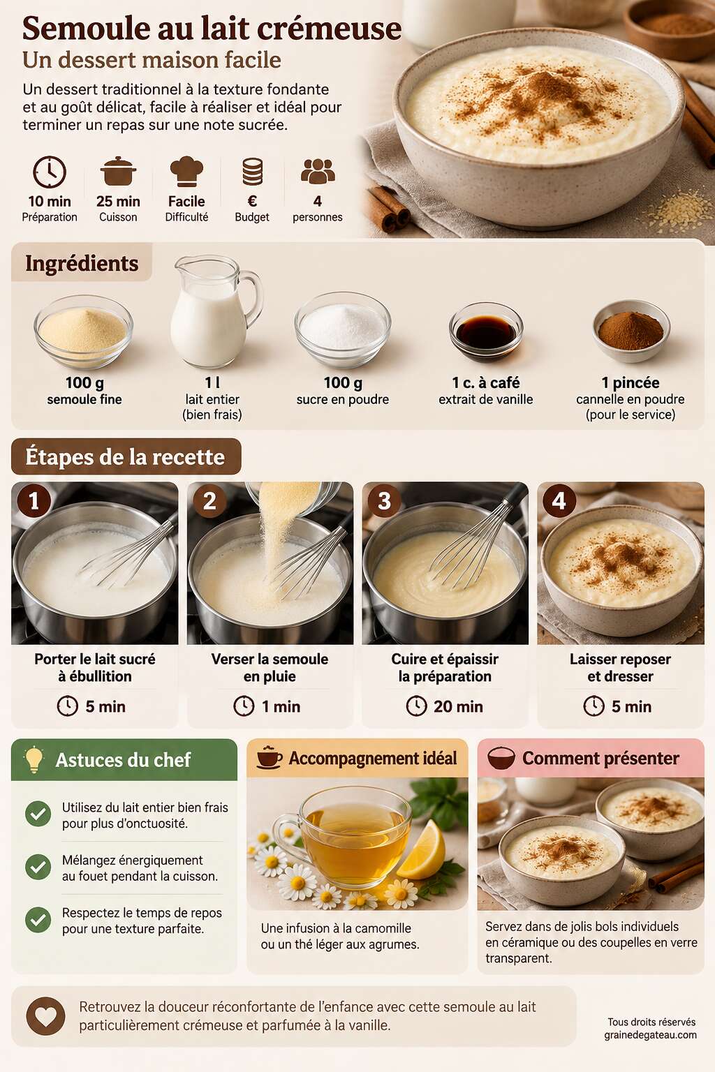 Fiche recette Recette de semoule au lait crémeuse : un dessert maison facile Fiche recette Recette de semoule au lait crémeuse : un dessert maison facile